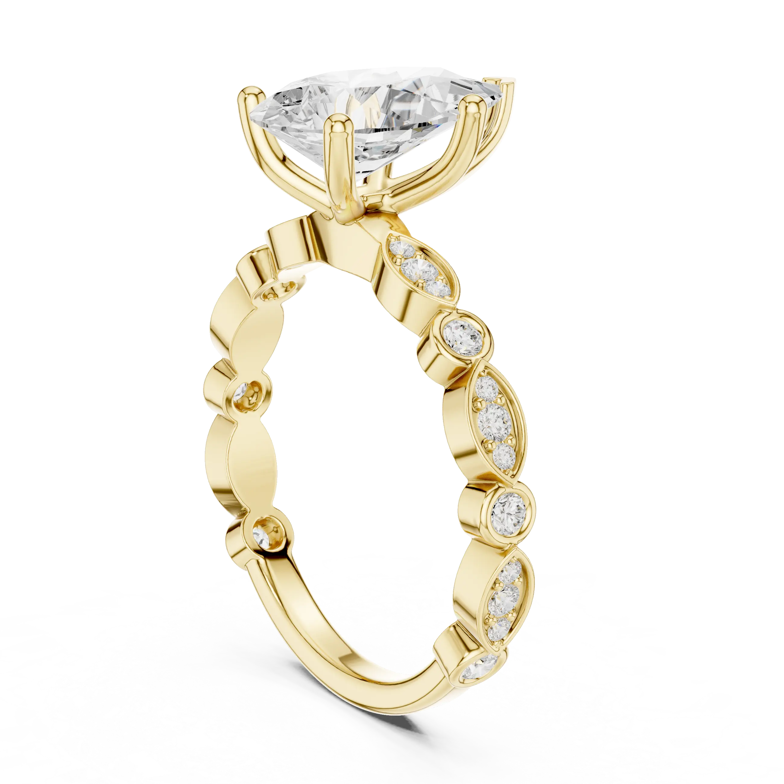 Pear Cut Engagement Ring with Vintage Marquise & Round Pavé Band - Solid 14K Gold Teardrop Solitaire Ring