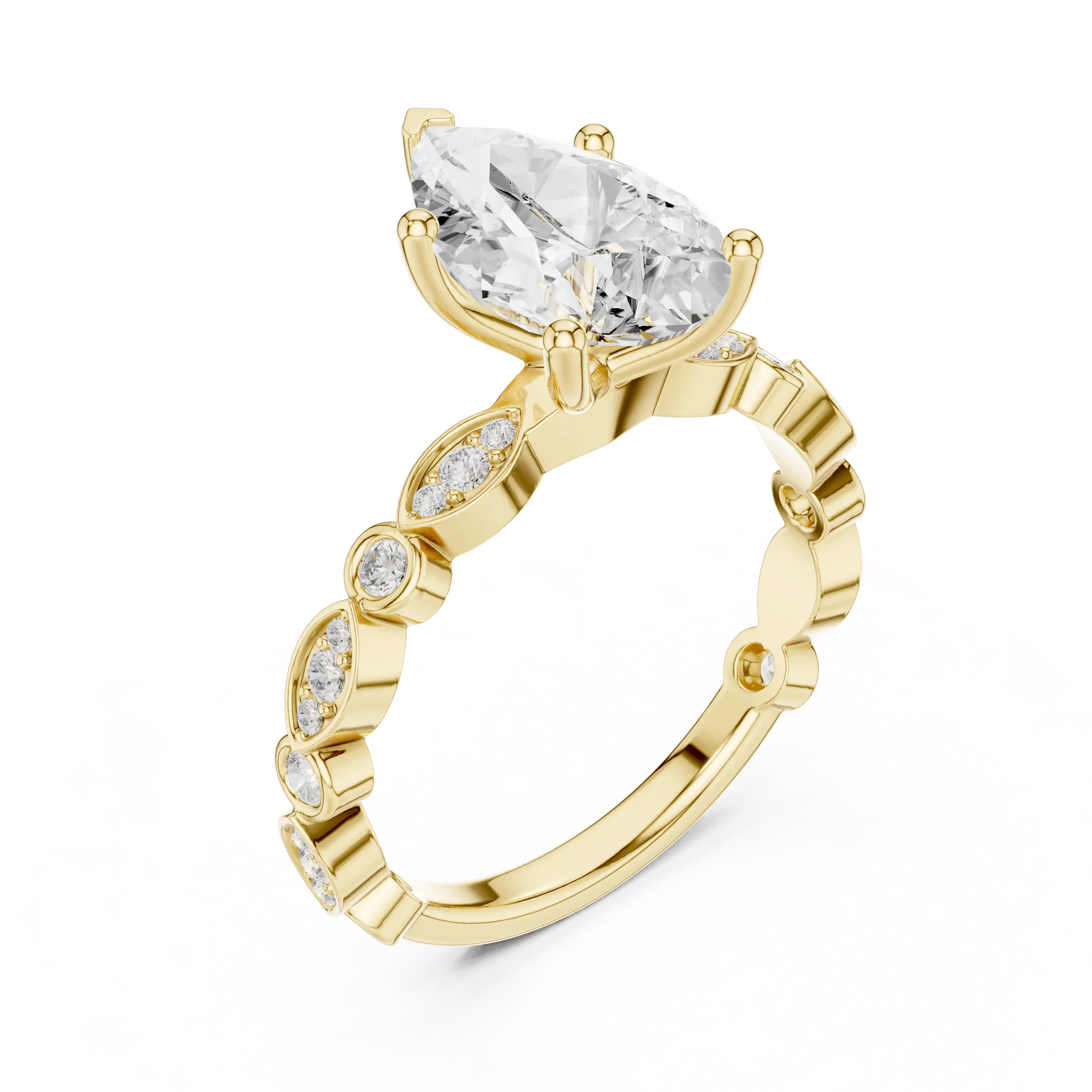 Pear Cut Engagement Ring with Vintage Marquise & Round Pavé Band - Solid 14K Gold Teardrop Solitaire Ring