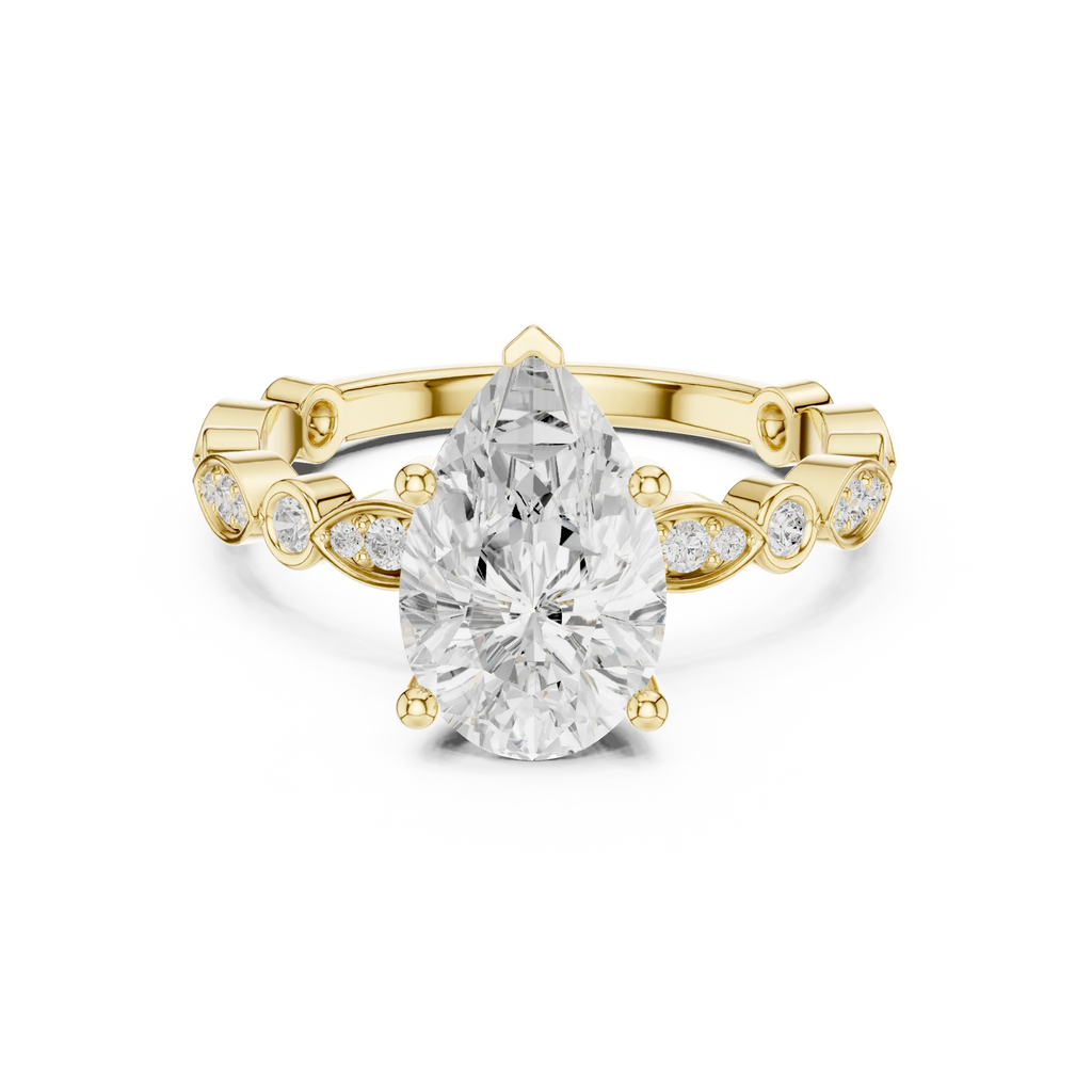 Pear Cut Engagement Ring with Vintage Marquise & Round Pavé Band - Solid 14K Gold Teardrop Solitaire Ring