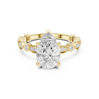 Pear Cut Engagement Ring with Vintage Marquise & Round Pavé Band - Solid 14K Gold Teardrop Solitaire Ring