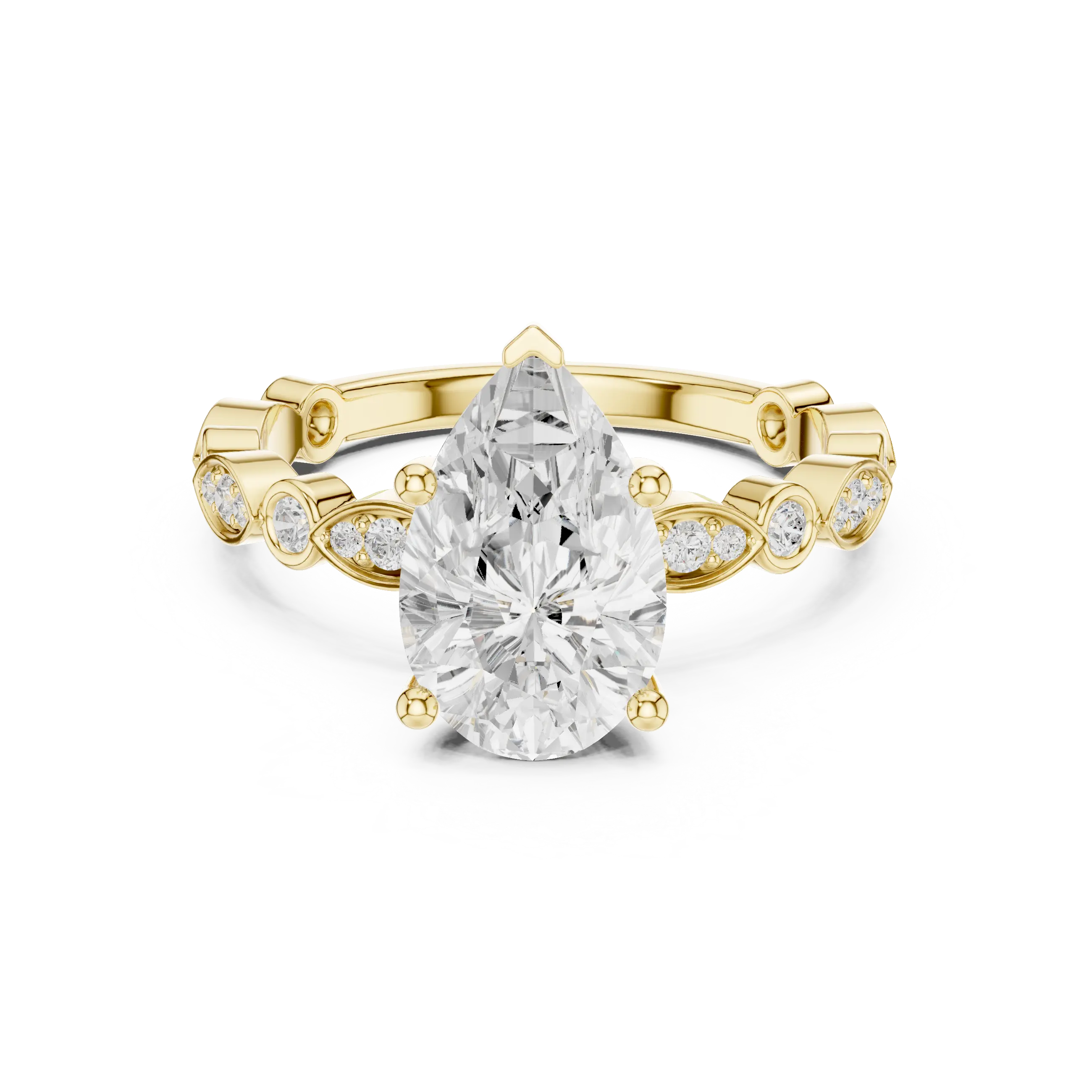 Pear Cut Engagement Ring with Vintage Marquise & Round Pavé Band - Solid 14K Gold Teardrop Solitaire Ring