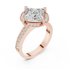 Princess Cut Engagement Ring with Petal Halo and Channel Set Band in 14K White Gold
