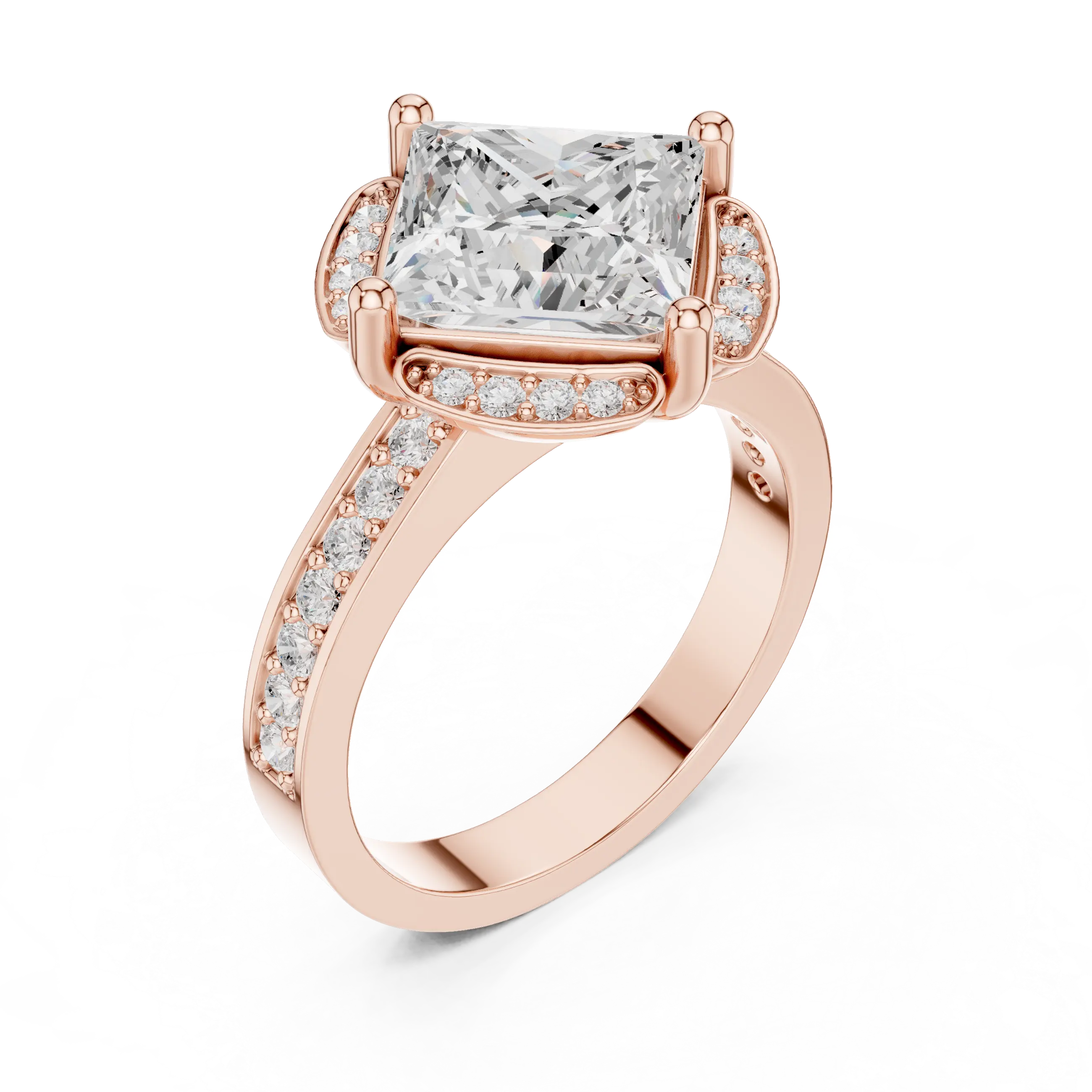 Princess Cut Engagement Ring with Petal Halo and Channel Set Band in 14K White Gold
