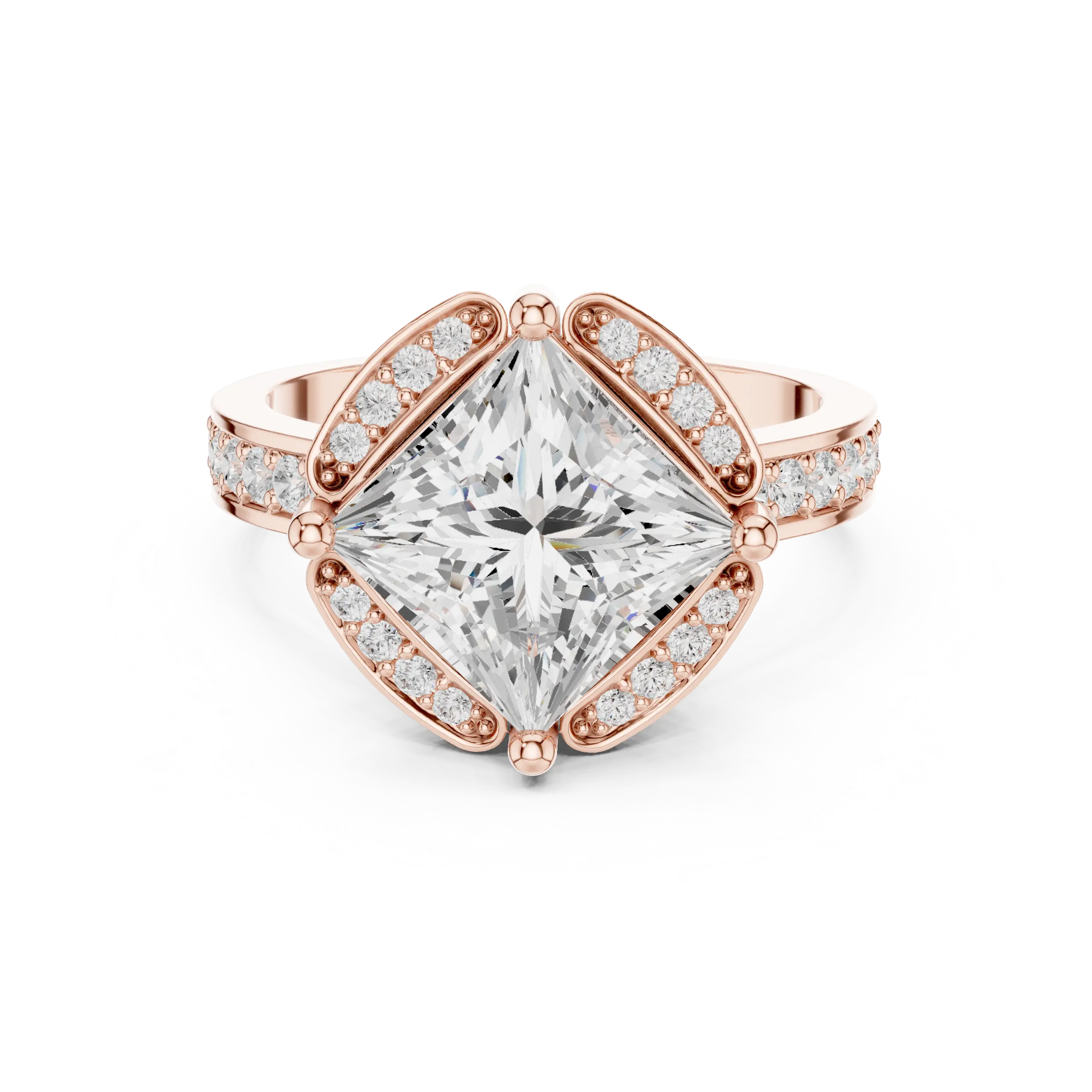 Princess Cut Engagement Ring with Petal Halo and Channel Set Band in 14K White Gold