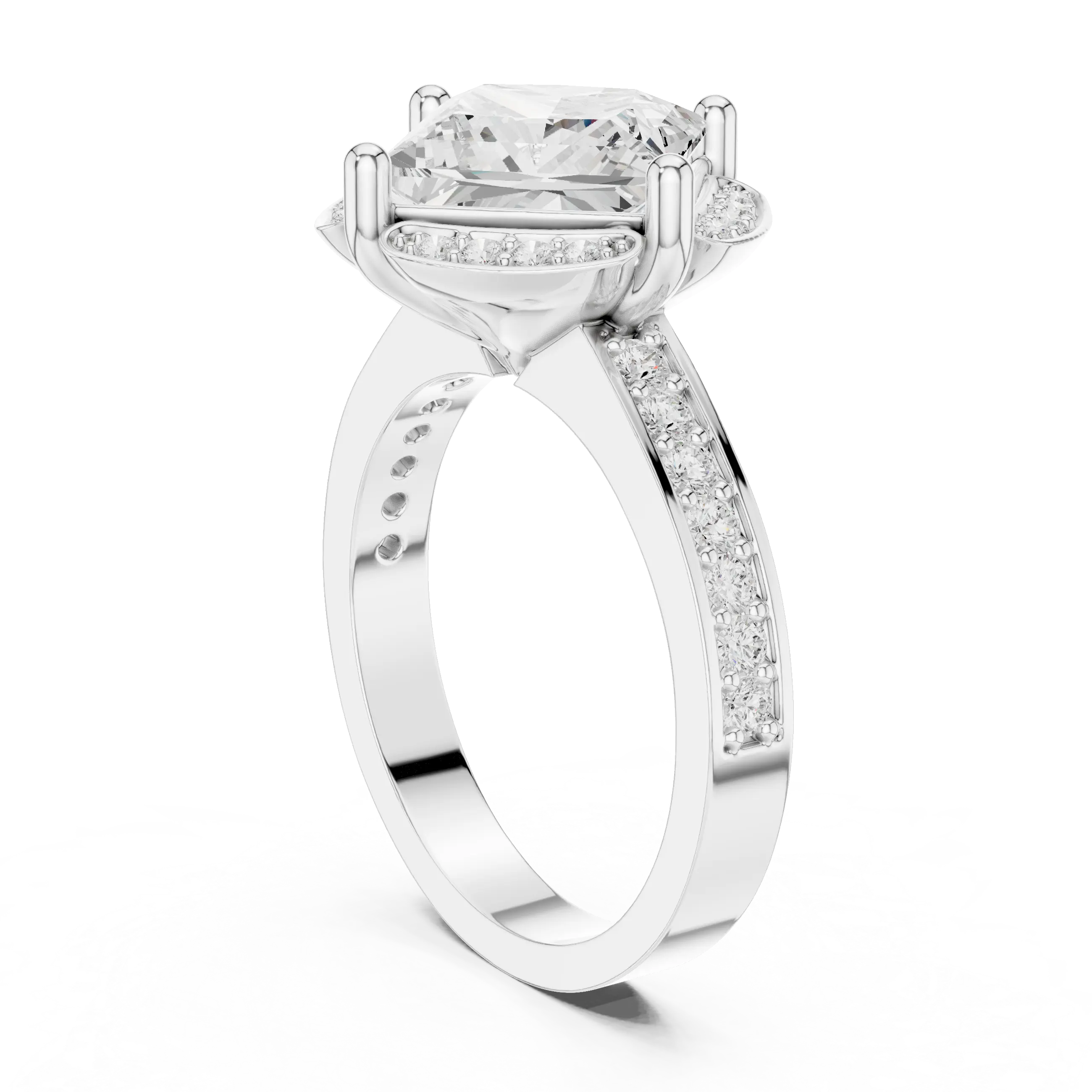 Princess Cut Engagement Ring with Petal Halo and Channel Set Band in 14K White Gold