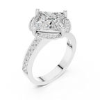 Princess Cut Engagement Ring with Petal Halo and Channel Set Band in 14K White Gold
