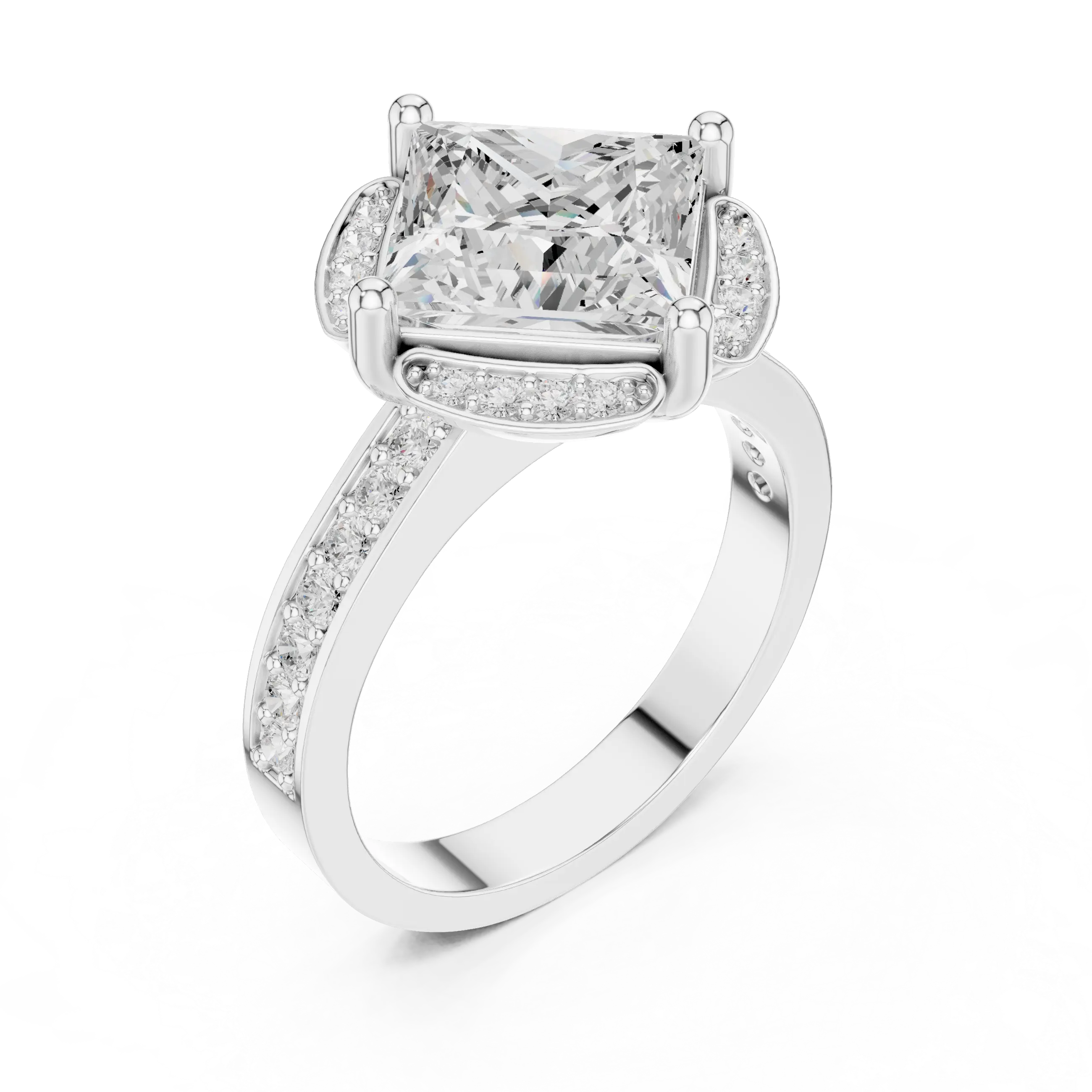 Princess Cut Engagement Ring with Petal Halo and Channel Set Band in 14K White Gold