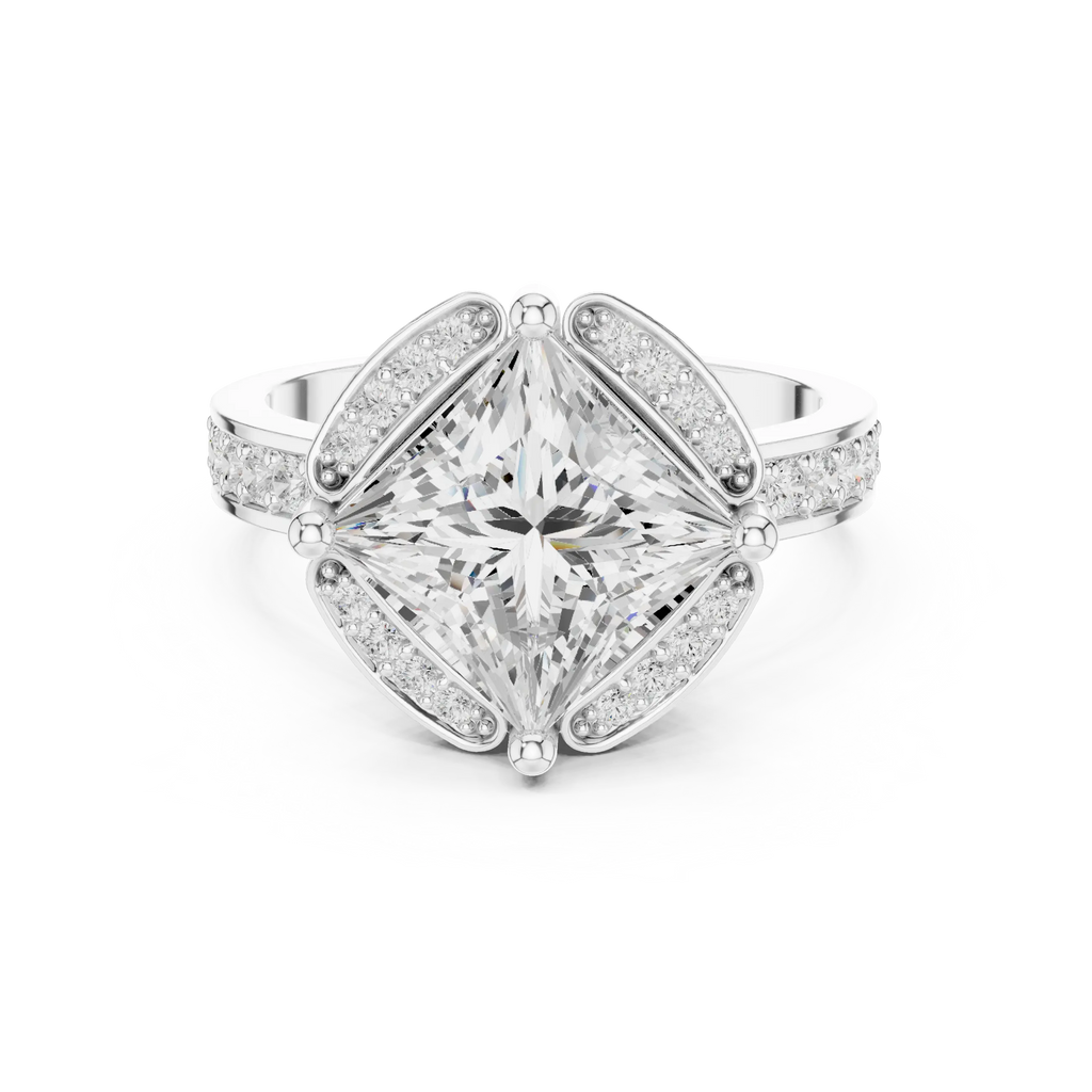 Princess Cut Engagement Ring with Petal Halo and Channel Set Band in 14K White Gold
