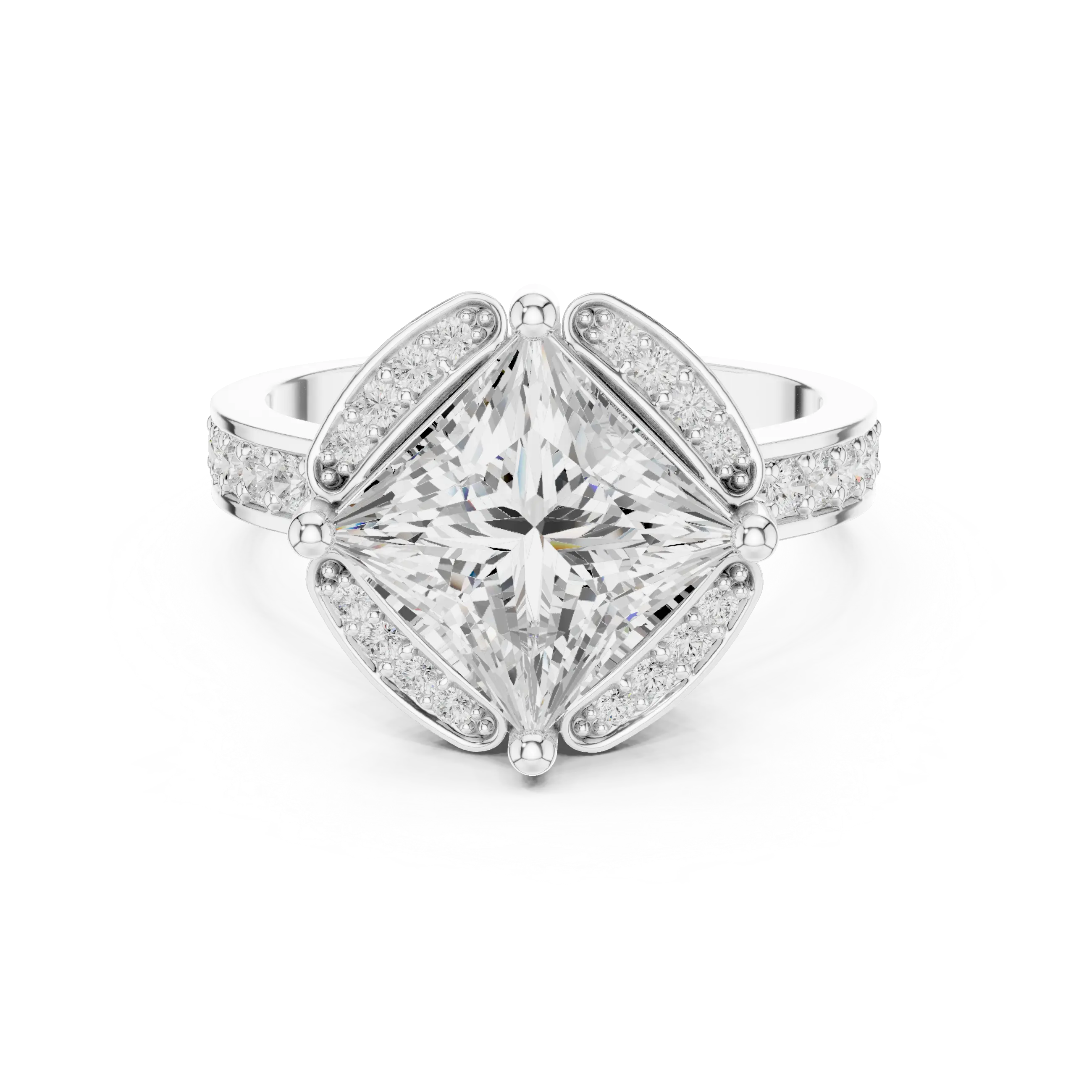 Princess Cut Engagement Ring with Petal Halo and Channel Set Band in 14K White Gold