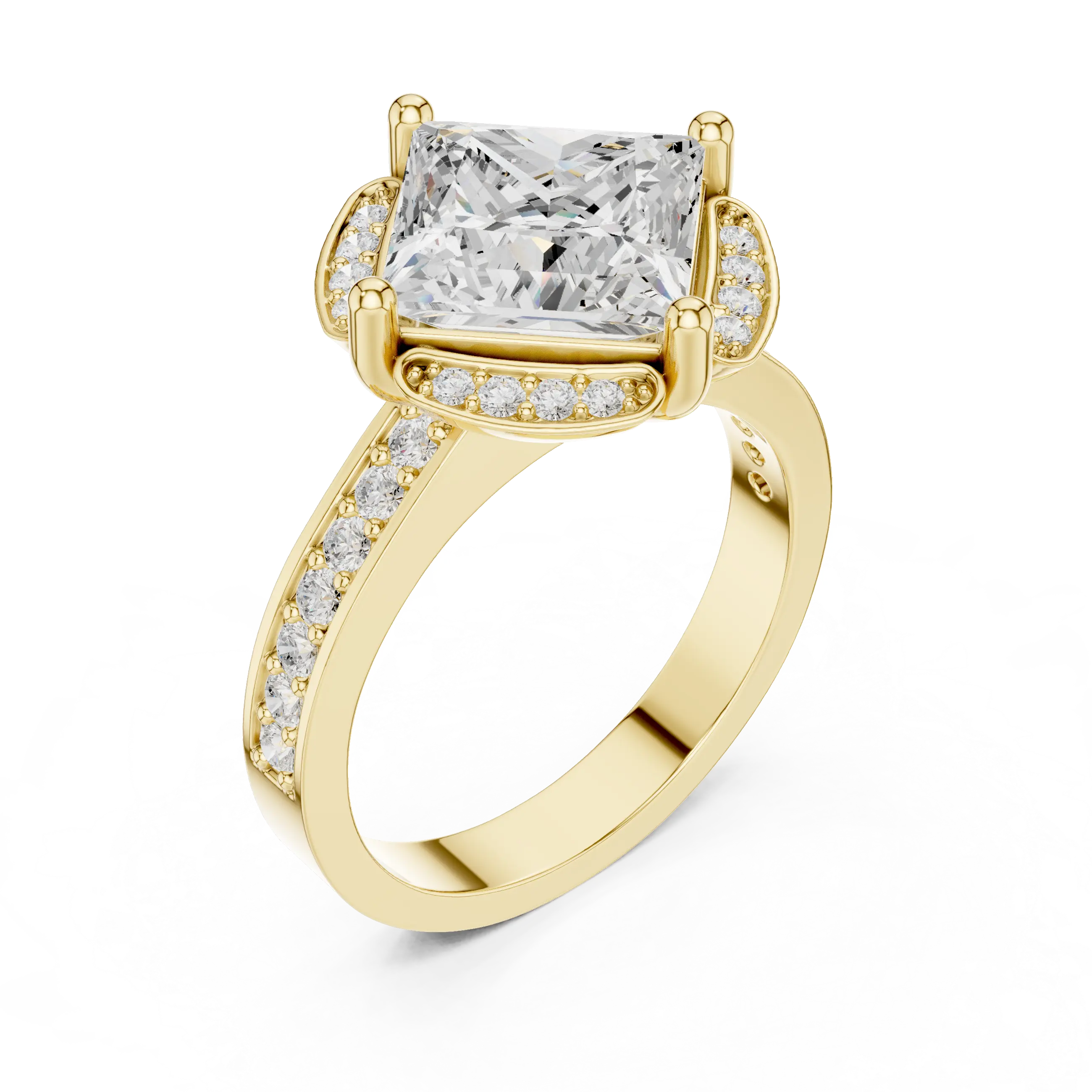 Princess Cut Engagement Ring with Petal Halo and Channel Set Band in 14K White Gold