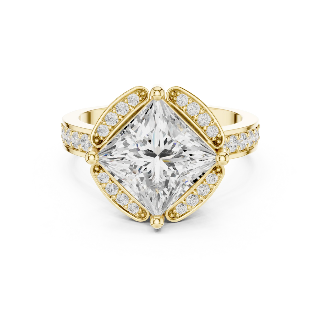 Princess Cut Engagement Ring with Petal Halo and Channel Set Band in 14K White Gold