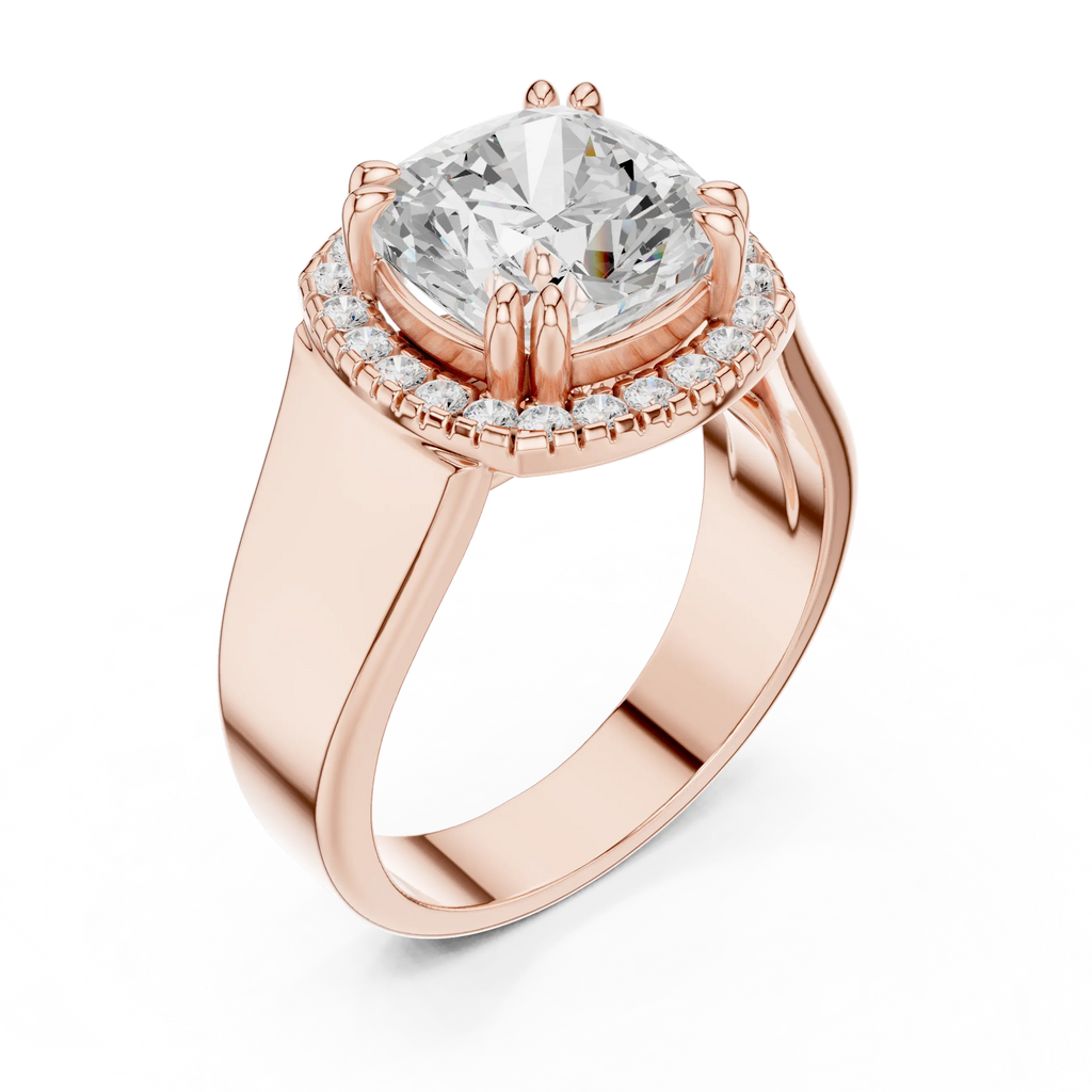 Cushion Cut Halo Engagement Ring with 14K Rose Gold Moissanite Diamond