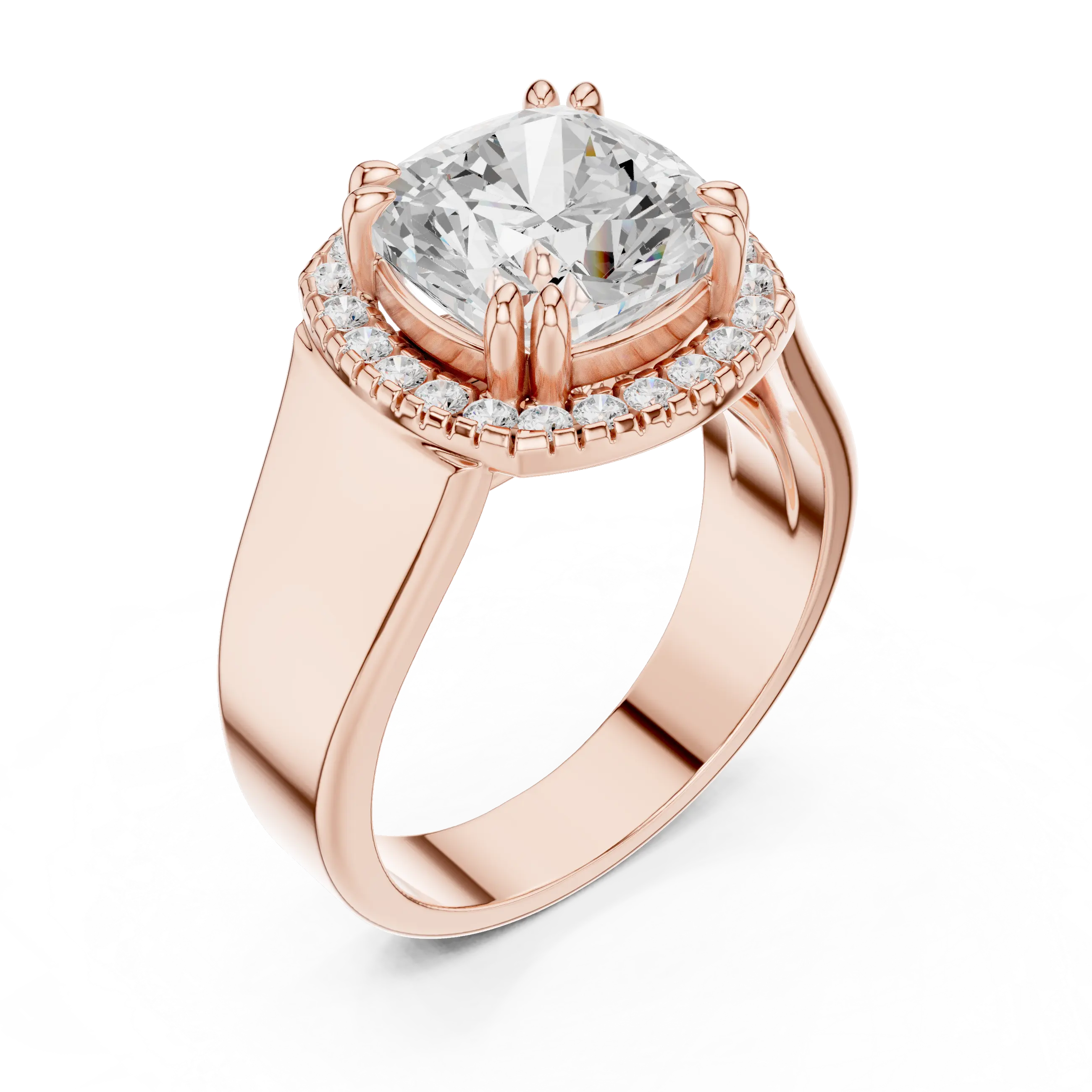 Cushion Cut Halo Engagement Ring with 14K Rose Gold Moissanite Diamond