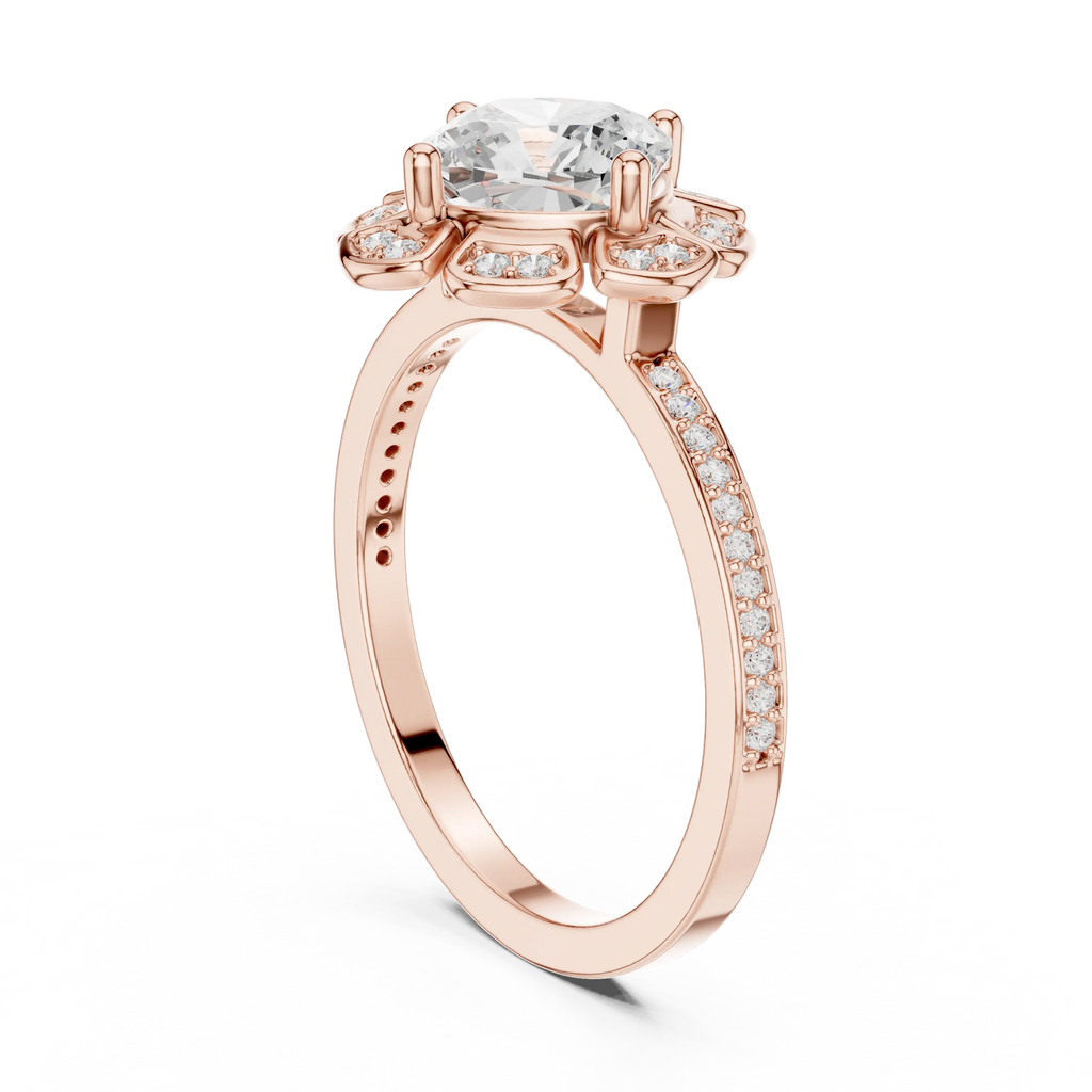 14K White Gold Cushion Cut Floral Halo Diamond Ring