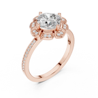 14K White Gold Cushion Cut Floral Halo Diamond Ring