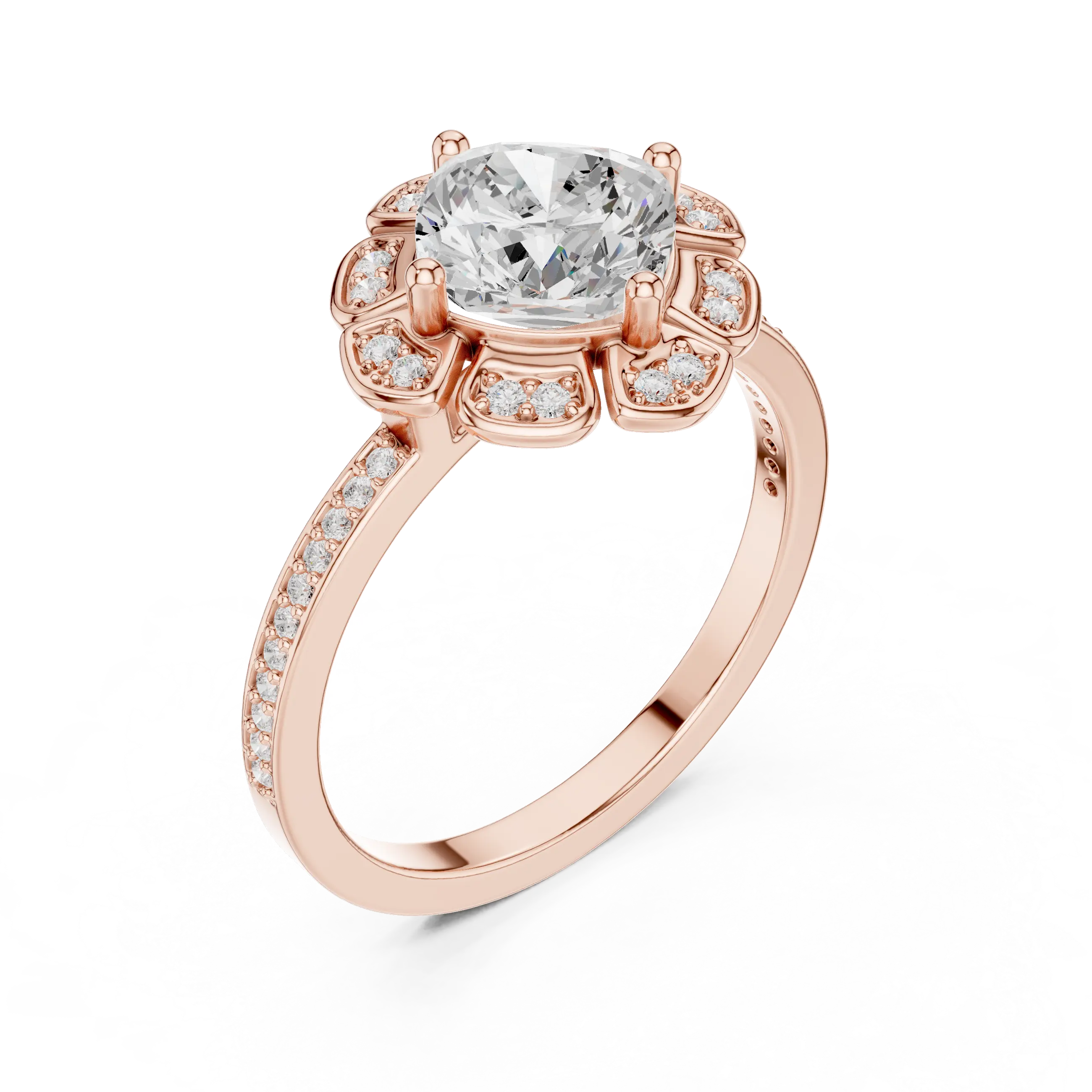 14K White Gold Cushion Cut Floral Halo Diamond Ring