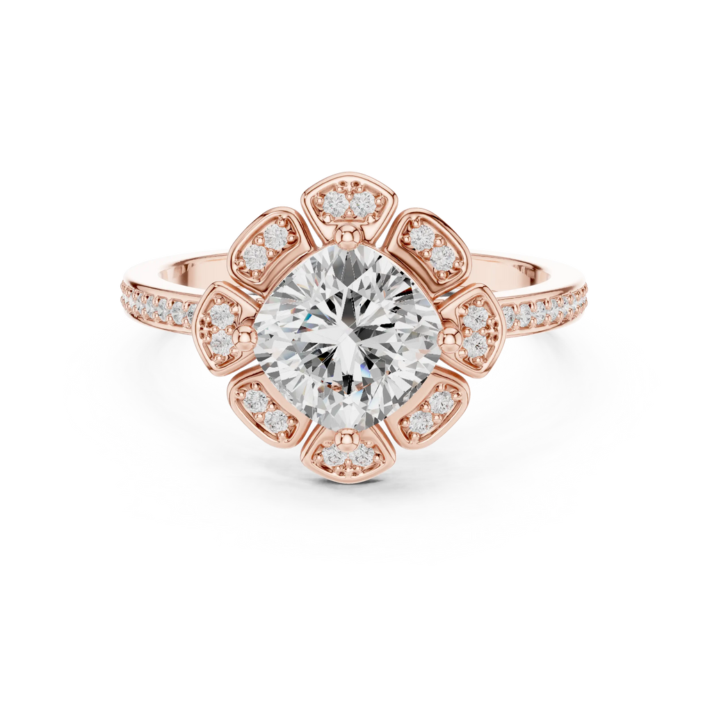 14K White Gold Cushion Cut Floral Halo Diamond Ring