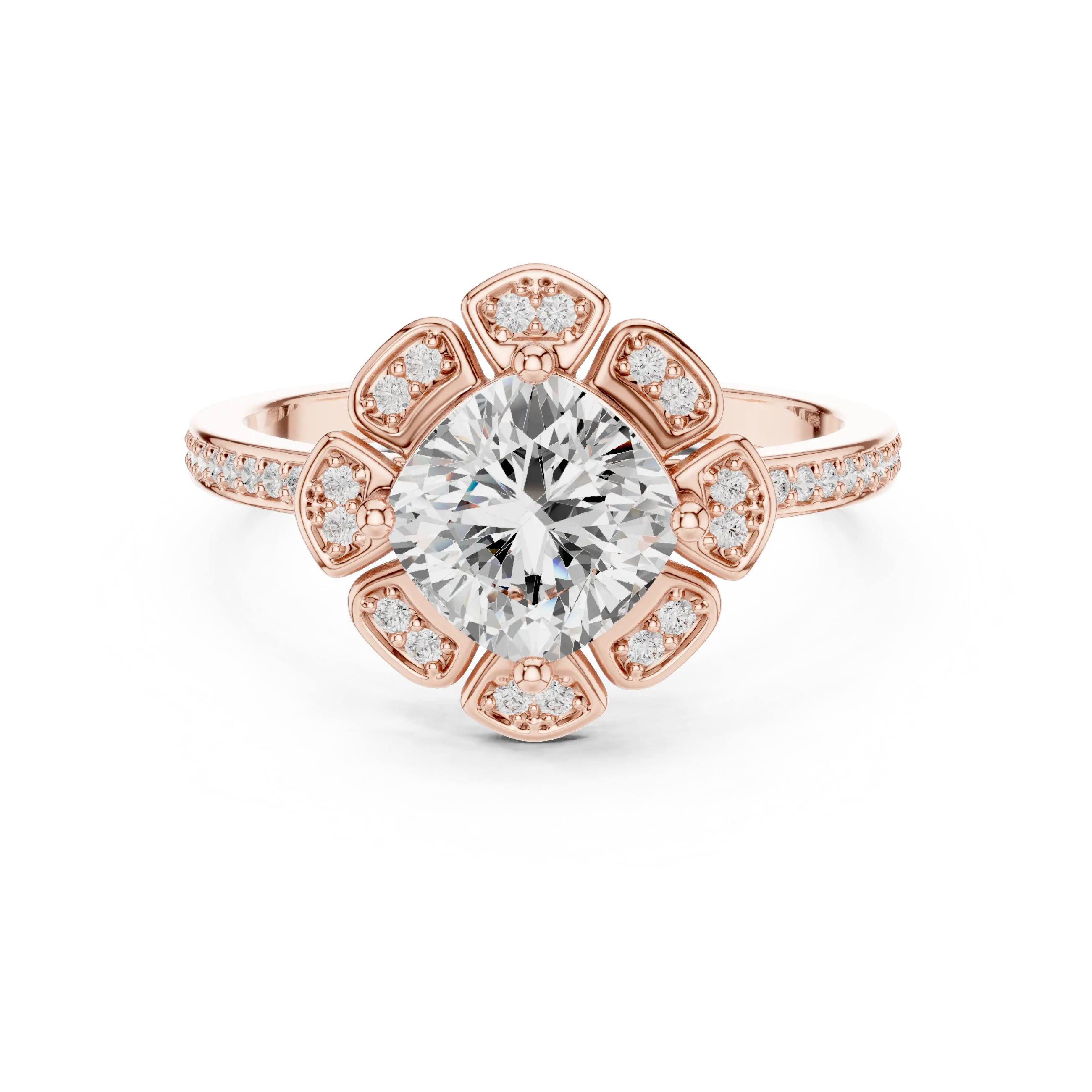 14K White Gold Cushion Cut Floral Halo Diamond Ring