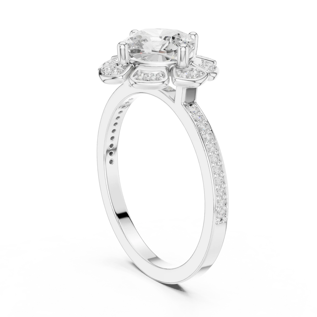 14K White Gold Cushion Cut Floral Halo Diamond Ring
