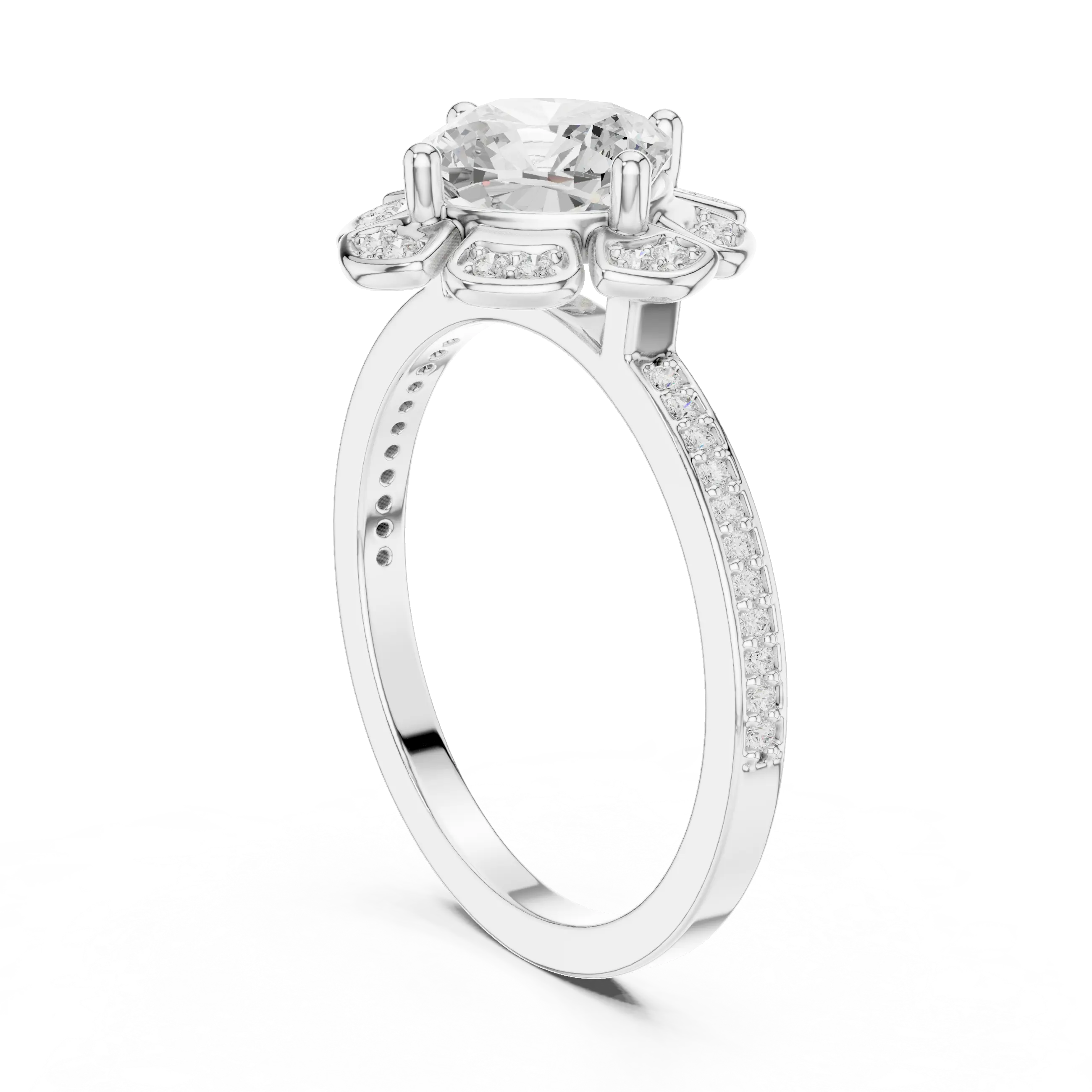 14K White Gold Cushion Cut Floral Halo Diamond Ring