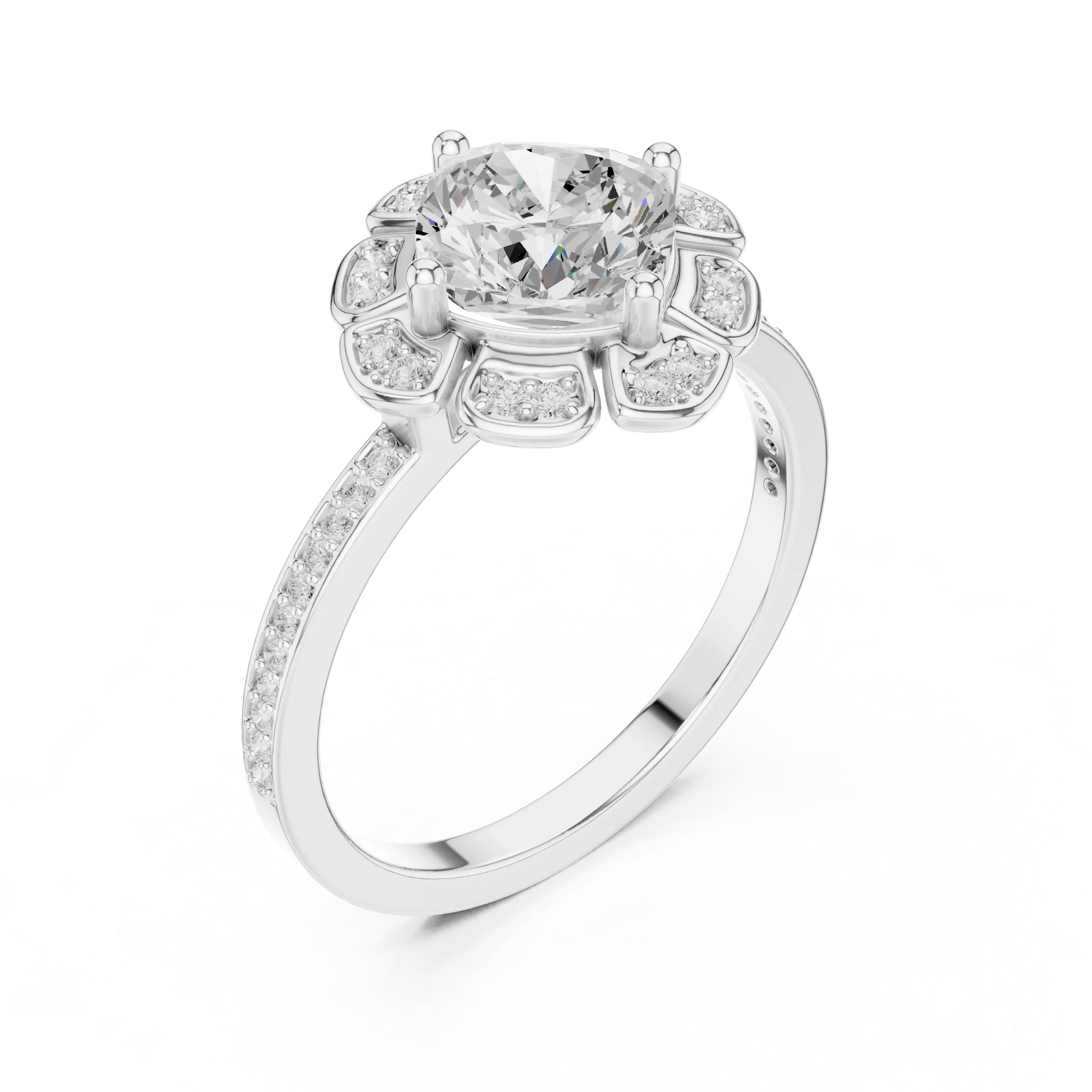 14K White Gold Cushion Cut Floral Halo Diamond Ring