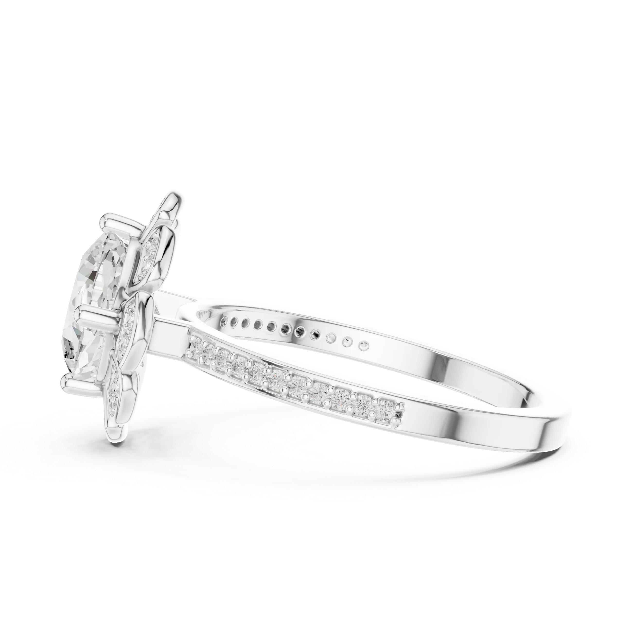 14K White Gold Cushion Cut Floral Halo Diamond Ring