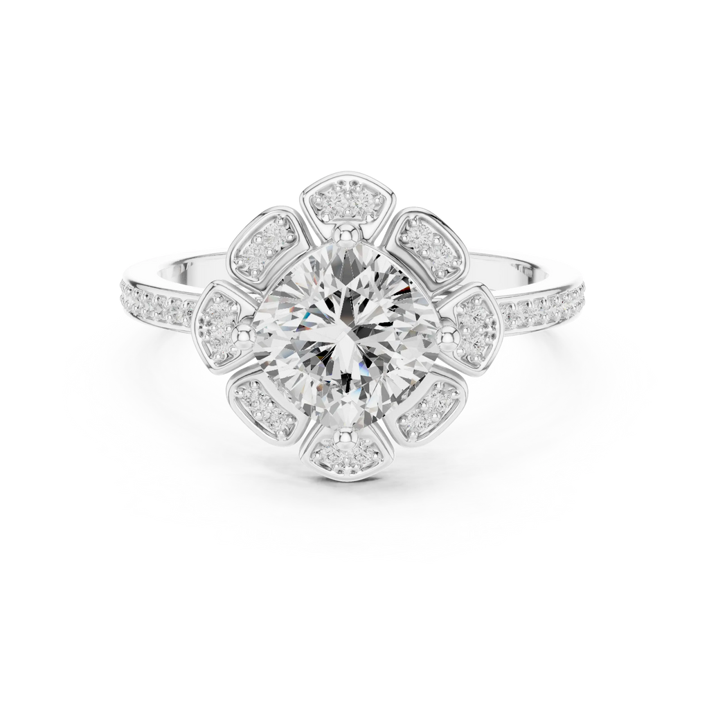 14K White Gold Cushion Cut Floral Halo Diamond Ring