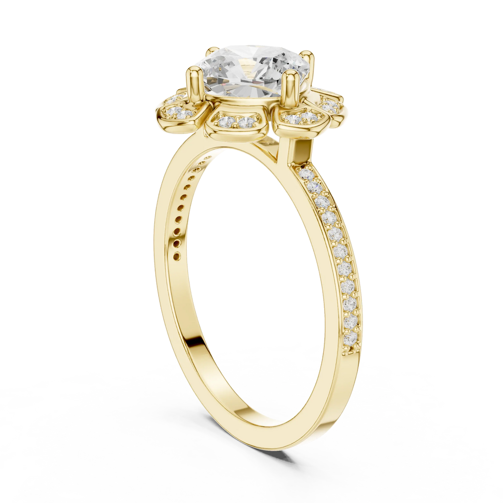 14K White Gold Cushion Cut Floral Halo Diamond Ring