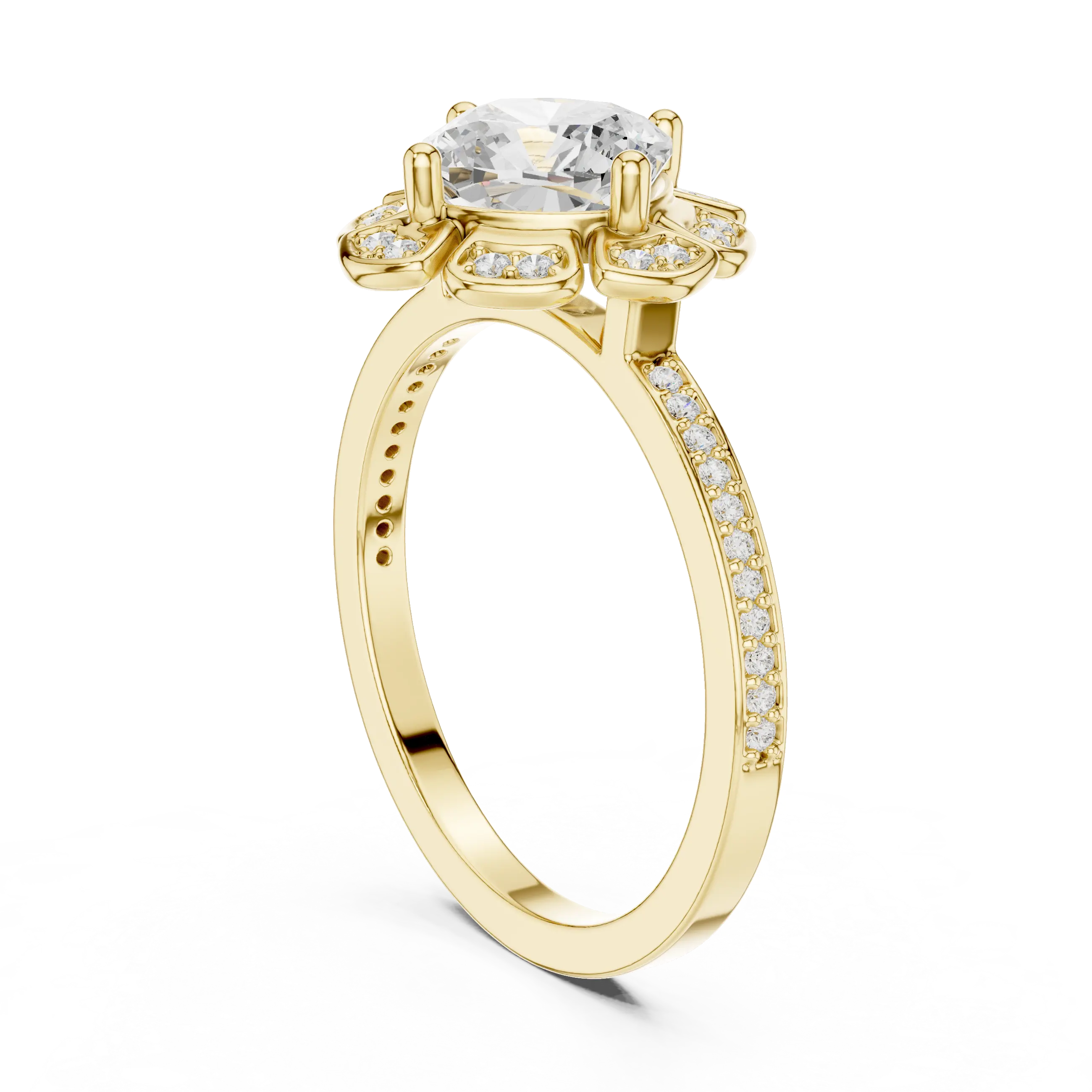 14K White Gold Cushion Cut Floral Halo Diamond Ring