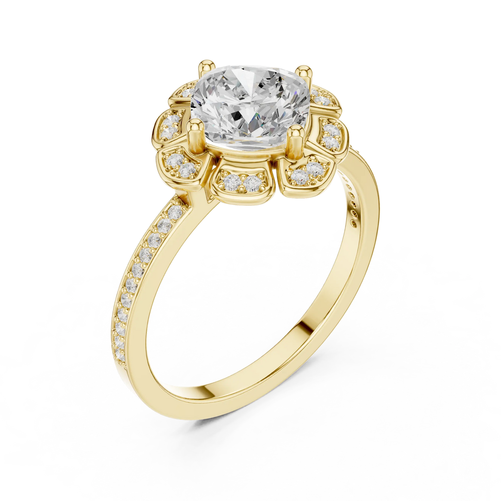 14K White Gold Cushion Cut Floral Halo Diamond Ring