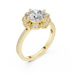 14K White Gold Cushion Cut Floral Halo Diamond Ring