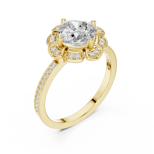 14K White Gold Cushion Cut Floral Halo Diamond Ring