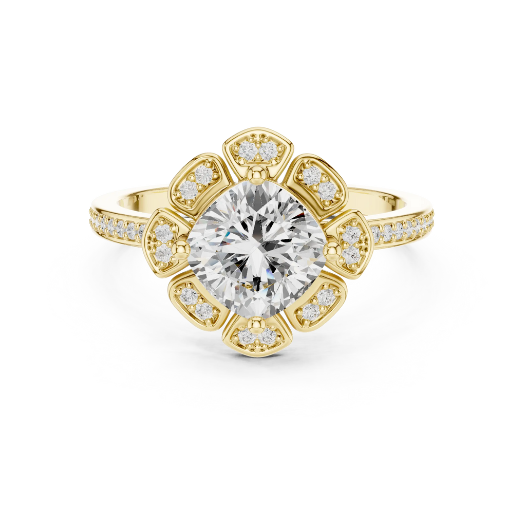 14K White Gold Cushion Cut Floral Halo Diamond Ring