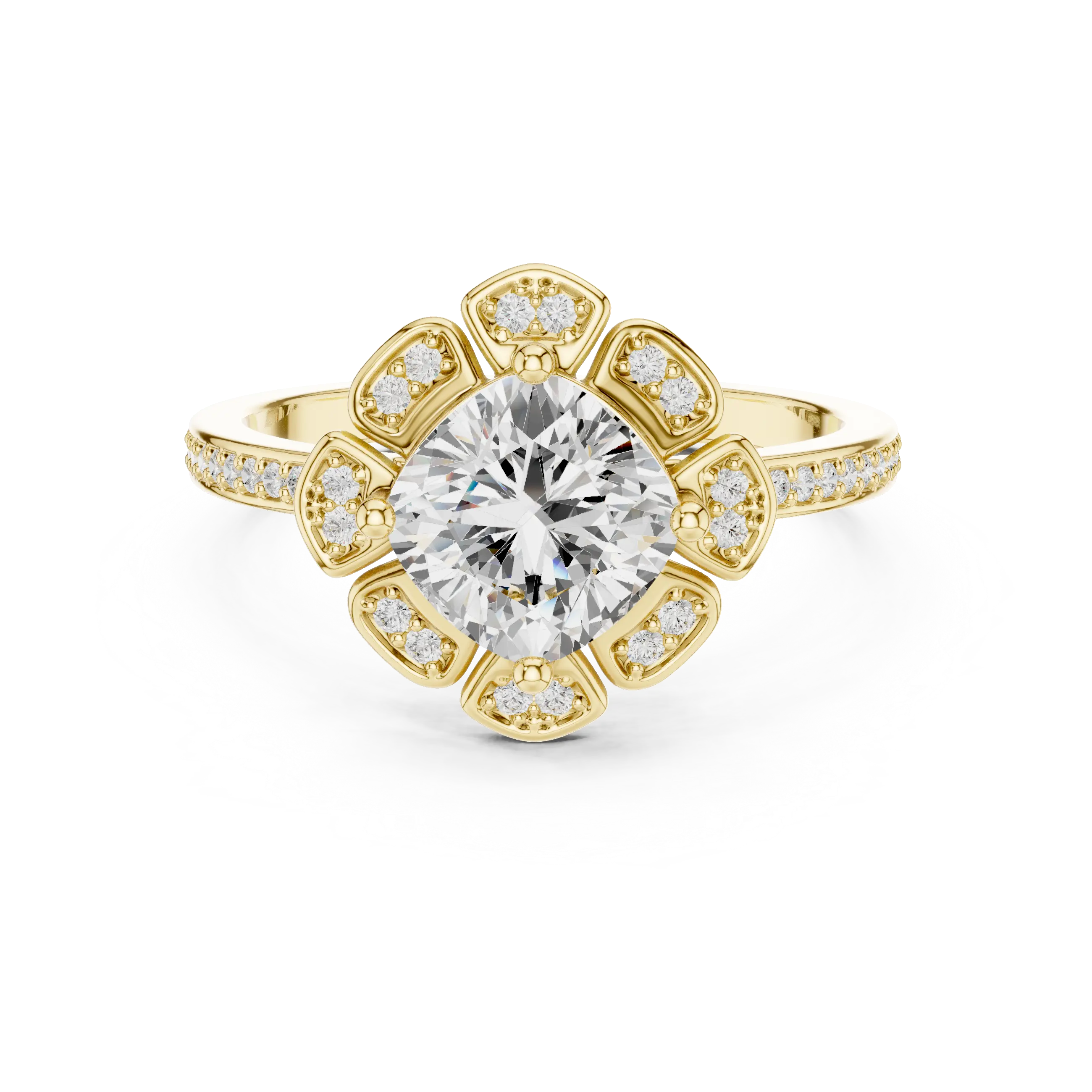 14K White Gold Cushion Cut Floral Halo Diamond Ring