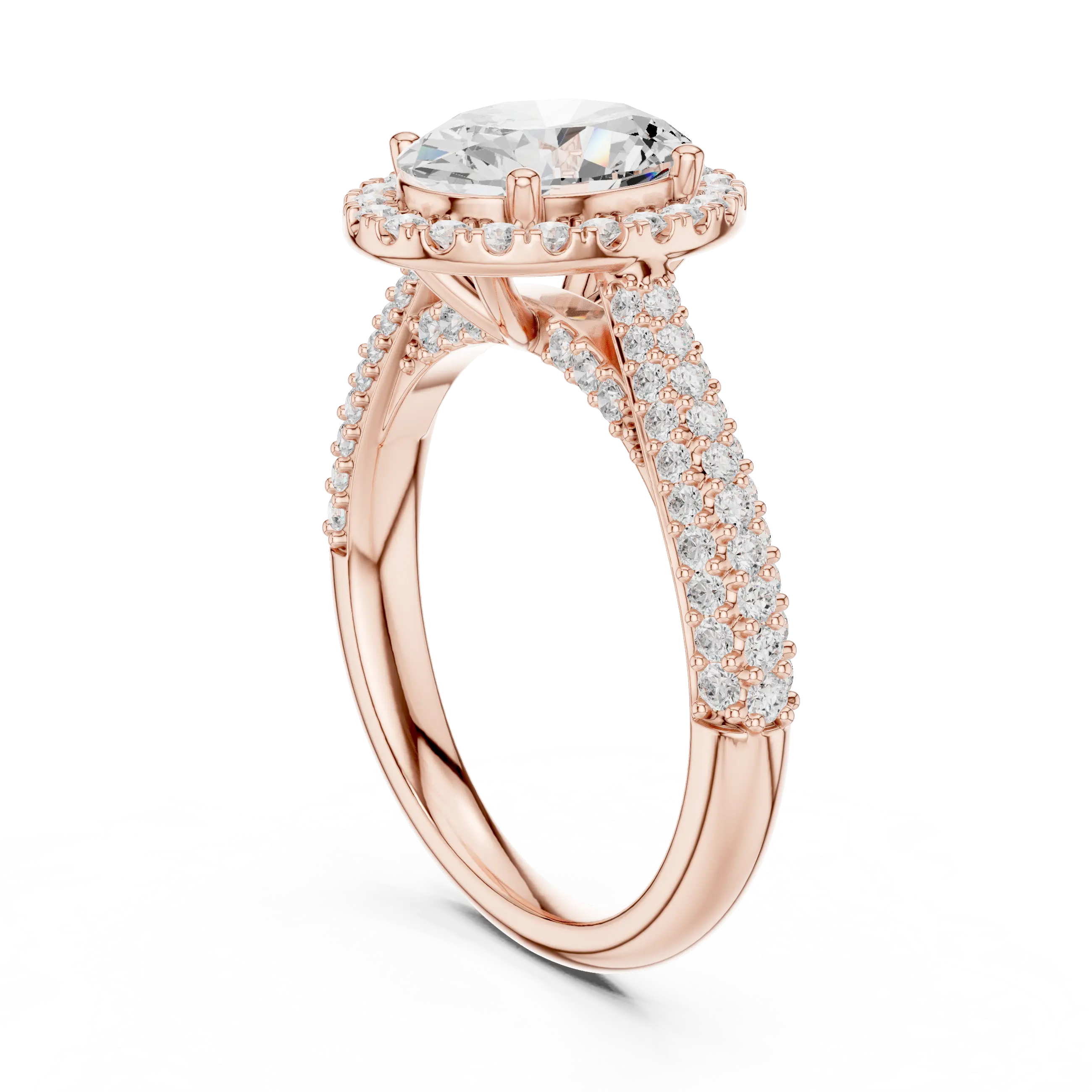 Oval Cut Halo Engagement Ring with Triple Row Pavé Band 14K Rose Gold
