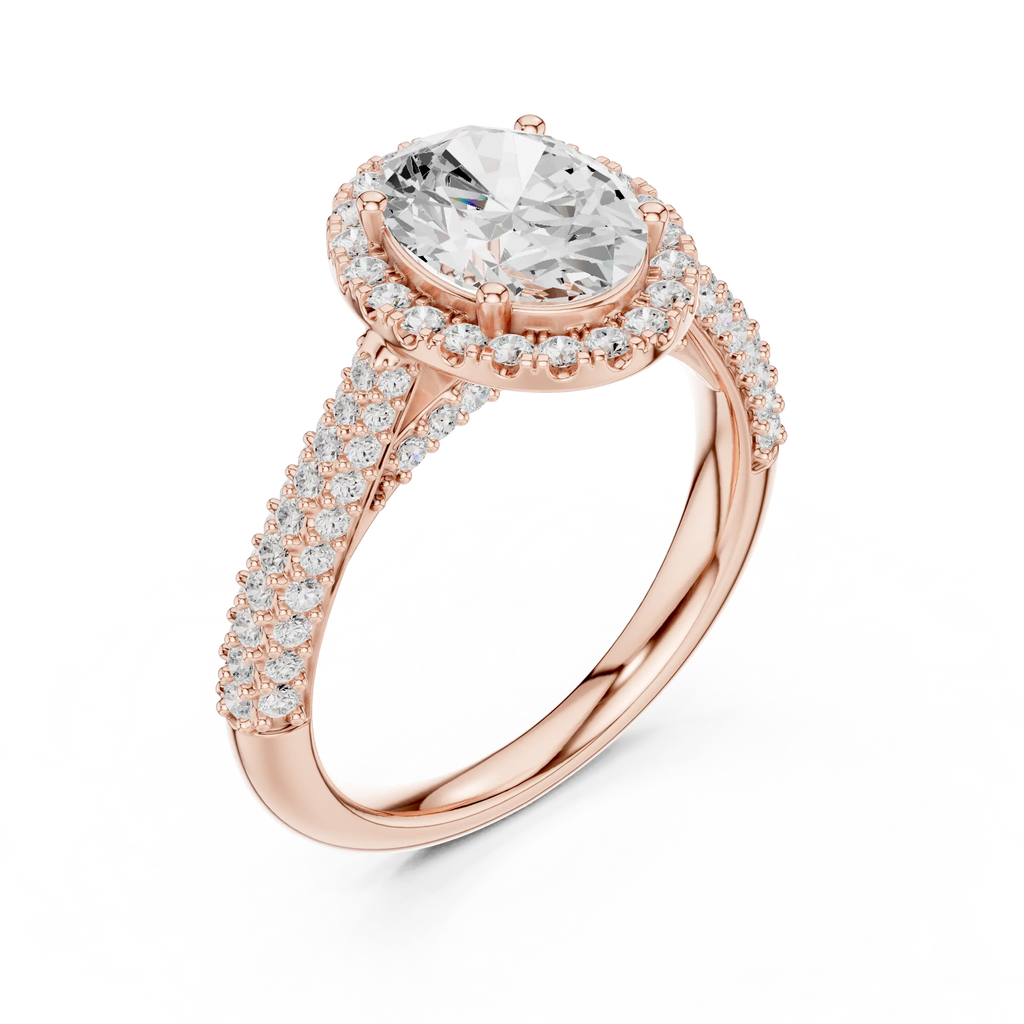 Oval Cut Halo Engagement Ring with Triple Row Pavé Band 14K Rose Gold