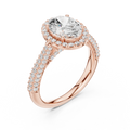 Oval Cut Halo Engagement Ring with Triple Row Pavé Band 14K Rose Gold