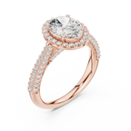 Oval Cut Halo Engagement Ring with Triple Row Pavé Band 14K Rose Gold