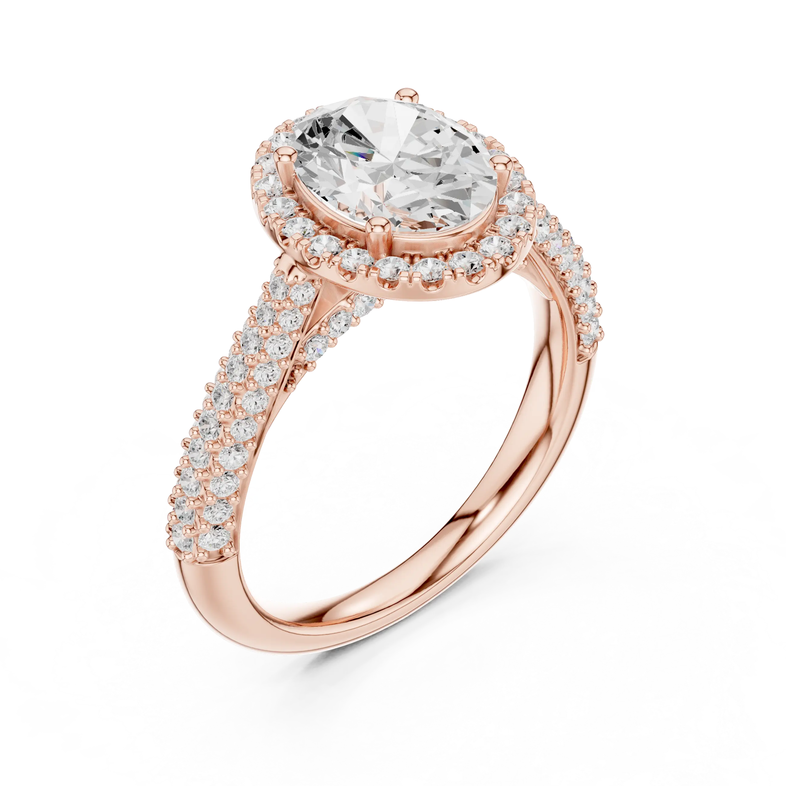 Oval Cut Halo Engagement Ring with Triple Row Pavé Band 14K Rose Gold