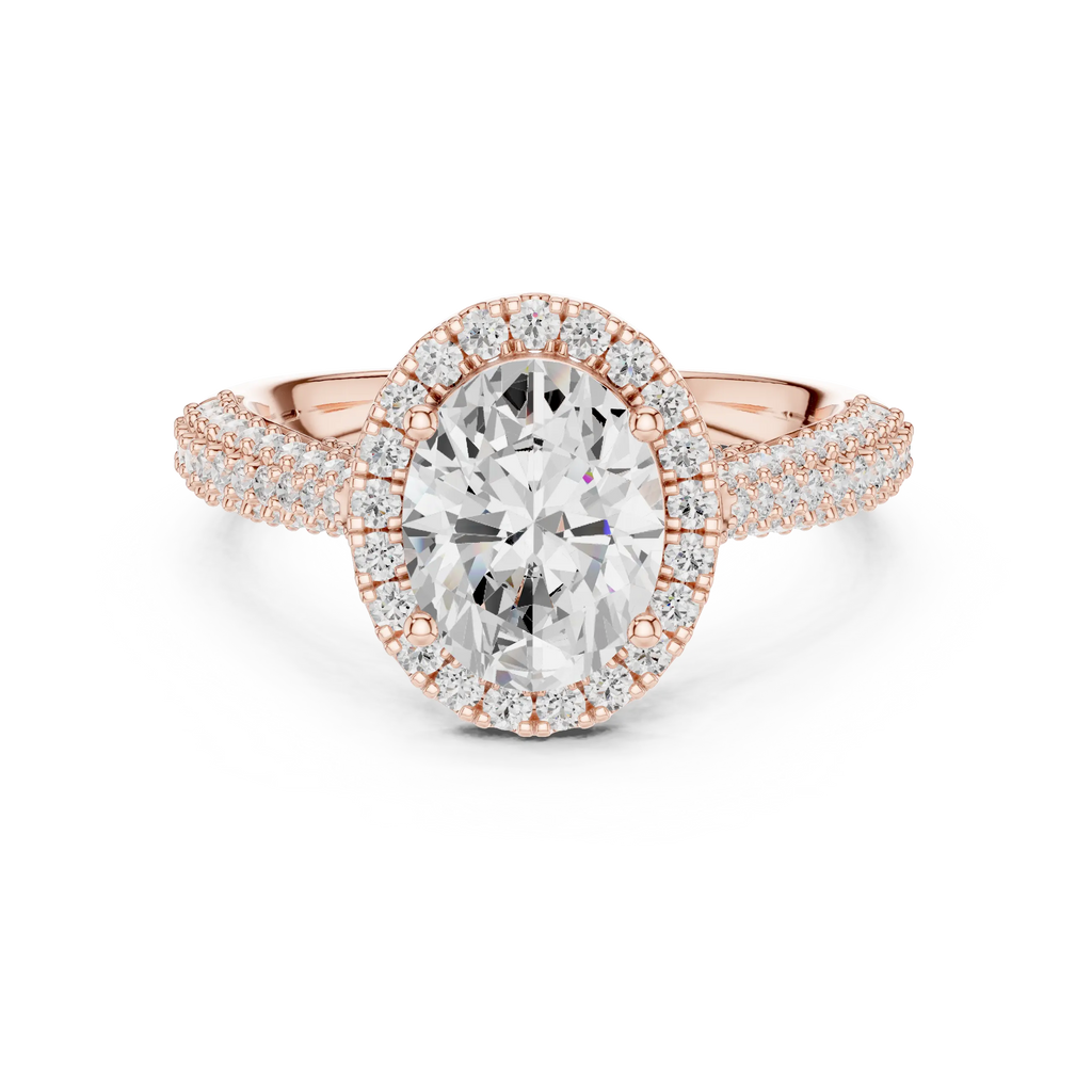 Oval Cut Halo Engagement Ring with Triple Row Pavé Band 14K Rose Gold