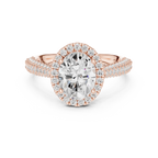 Oval Cut Halo Engagement Ring with Triple Row Pavé Band 14K Rose Gold
