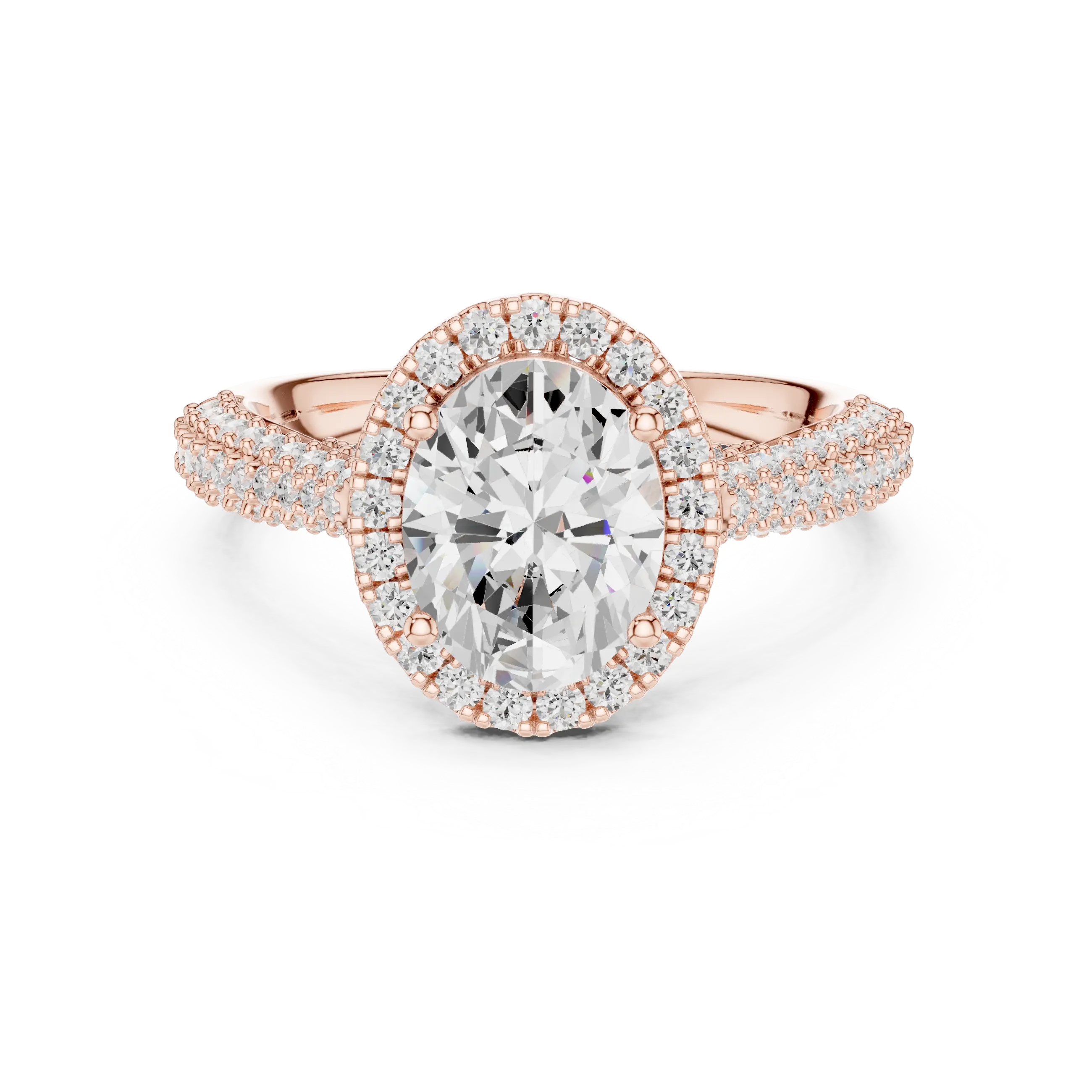 Oval Cut Halo Engagement Ring with Triple Row Pavé Band 14K Rose Gold