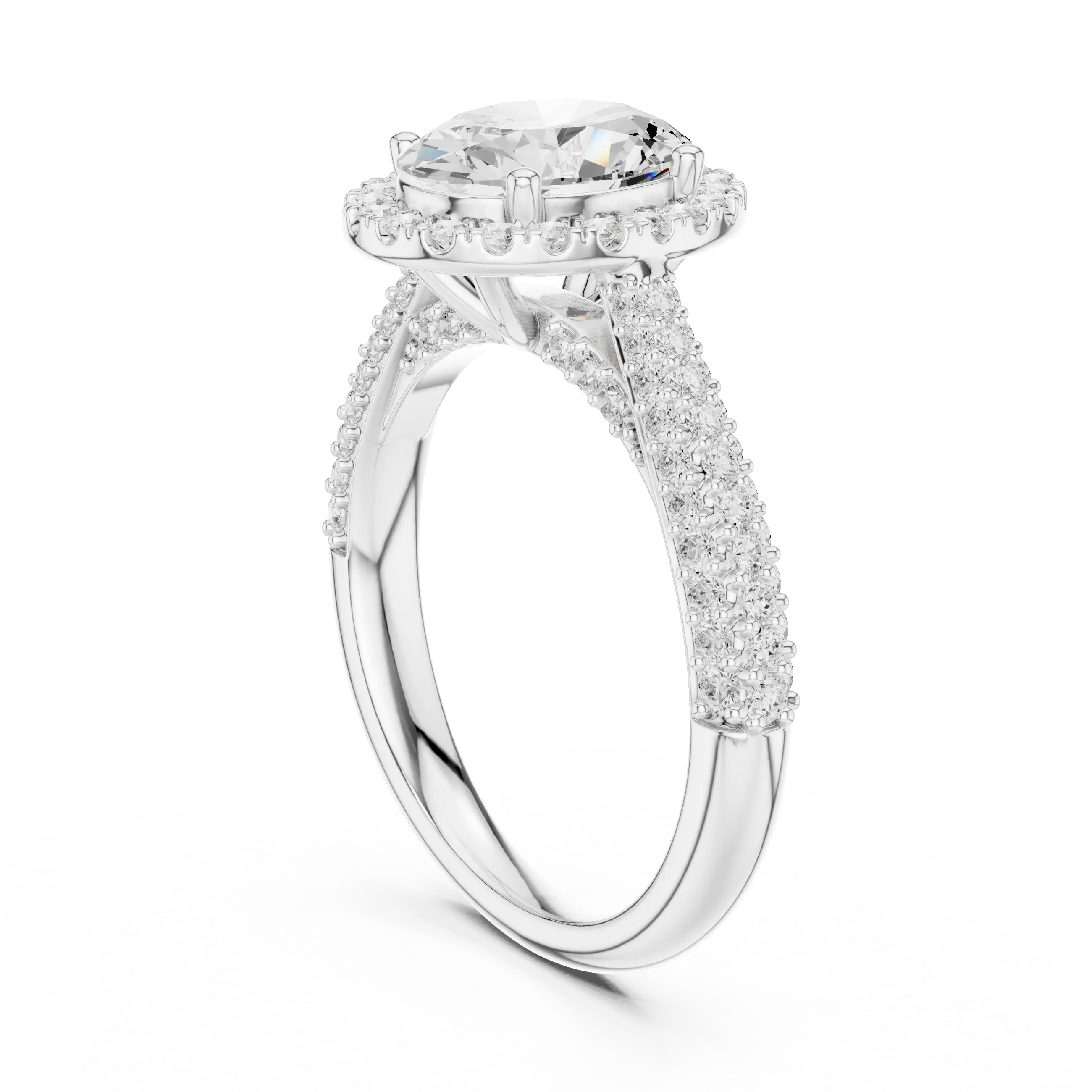 Oval Cut Halo Engagement Ring with Triple Row Pavé Band 14K Rose Gold