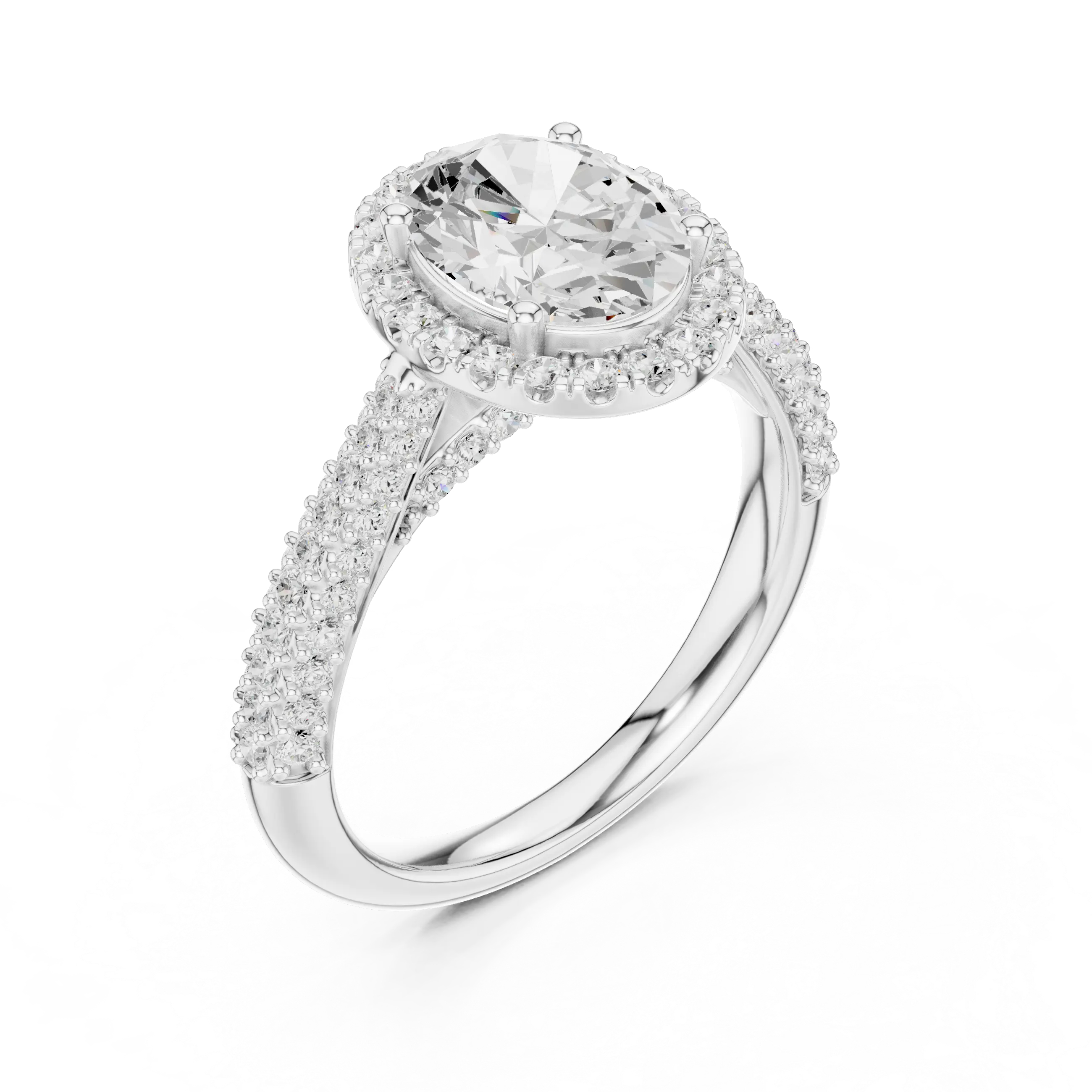 Oval Cut Halo Engagement Ring with Triple Row Pavé Band 14K Rose Gold