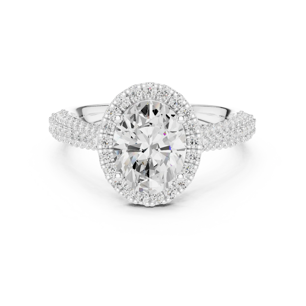 Oval Cut Halo Engagement Ring with Triple Row Pavé Band 14K Rose Gold