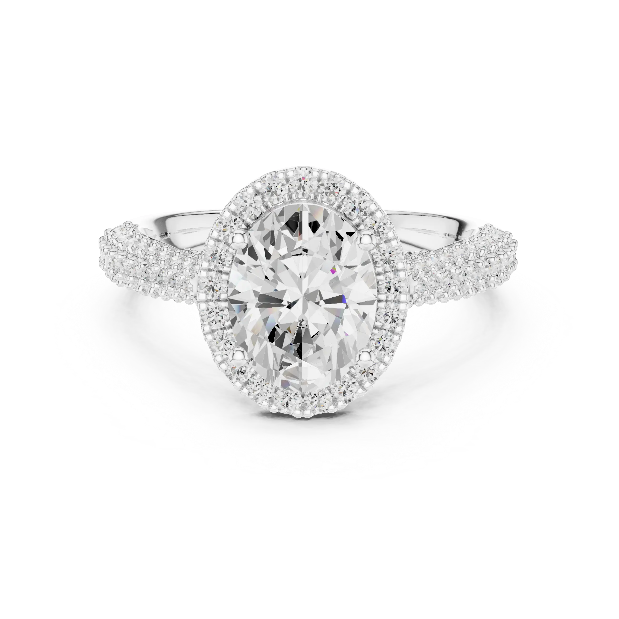 Oval Cut Halo Engagement Ring with Triple Row Pavé Band 14K Rose Gold