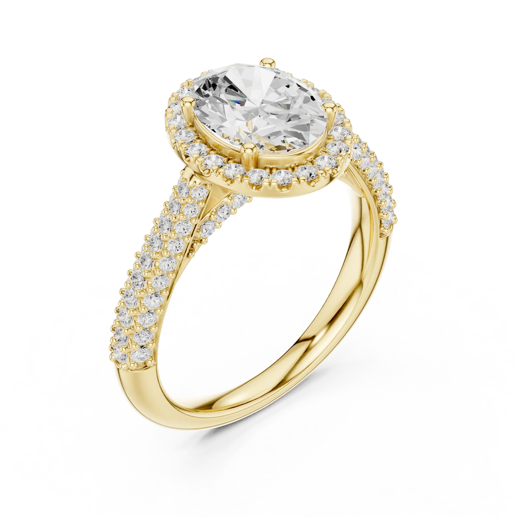 Oval Cut Halo Engagement Ring with Triple Row Pavé Band 14K Rose Gold