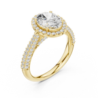 Oval Cut Halo Engagement Ring with Triple Row Pavé Band 14K Rose Gold