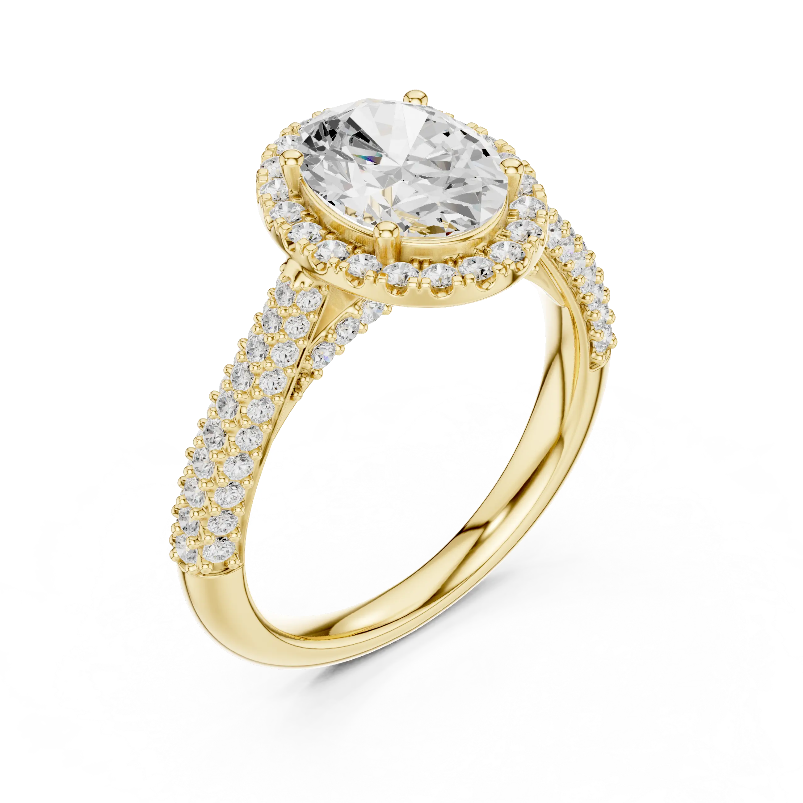 Oval Cut Halo Engagement Ring with Triple Row Pavé Band 14K Rose Gold