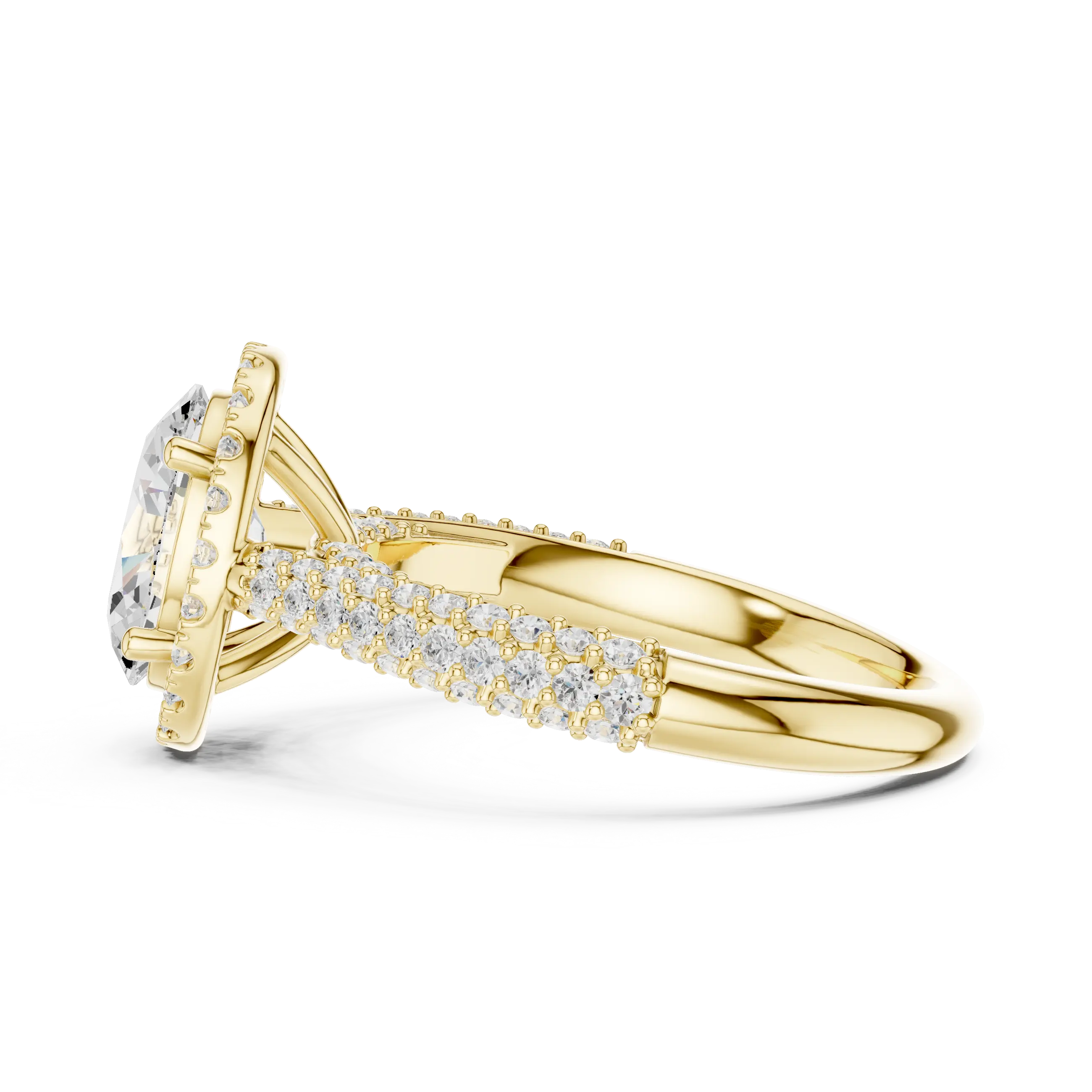 Oval Cut Halo Engagement Ring with Triple Row Pavé Band 14K Rose Gold